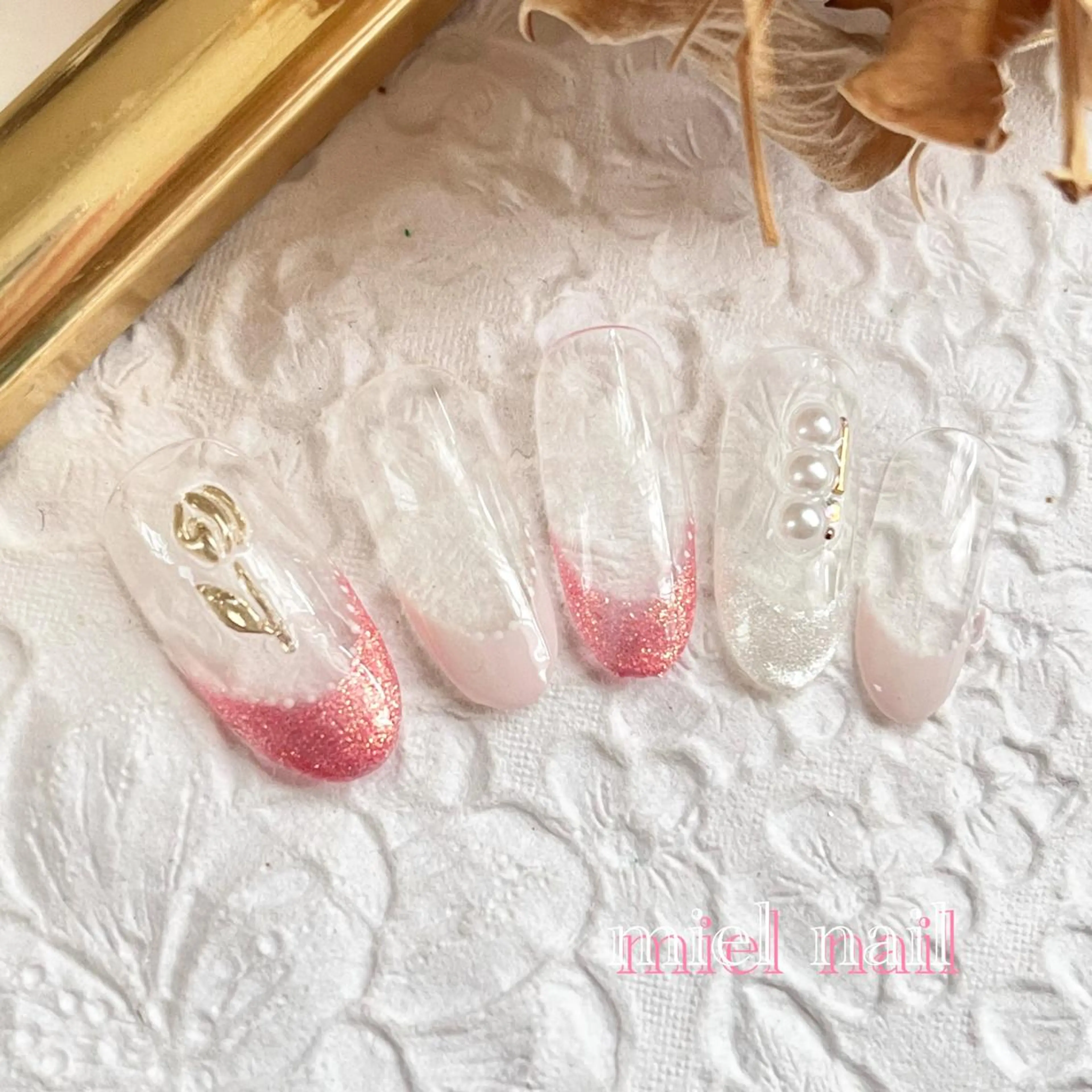 ネイル フレンチネイル ラメ(グリッター) ミラーネイル ピンク 春ネイル ハンドネイル miel nailのネイルデザイン