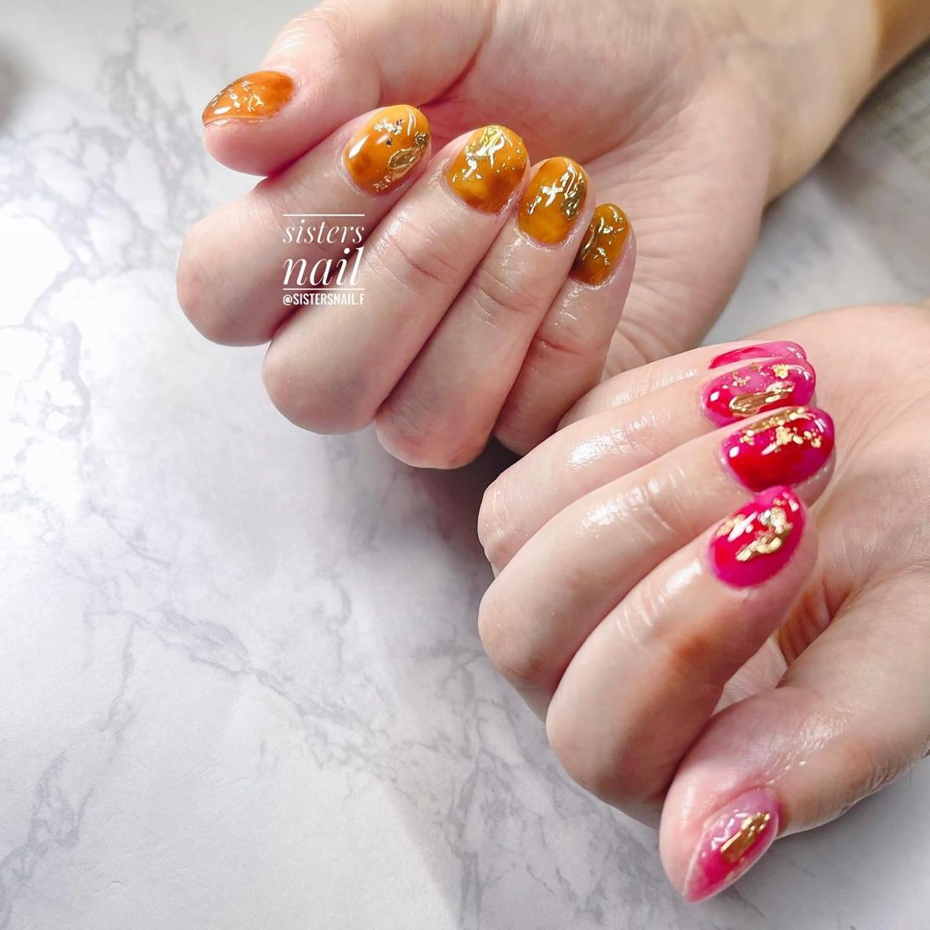 ネイル アートネイル べっ甲ネイル ミラーネイル ニュアンスネイル オレンジ sisters nail.fのネイルデザイン