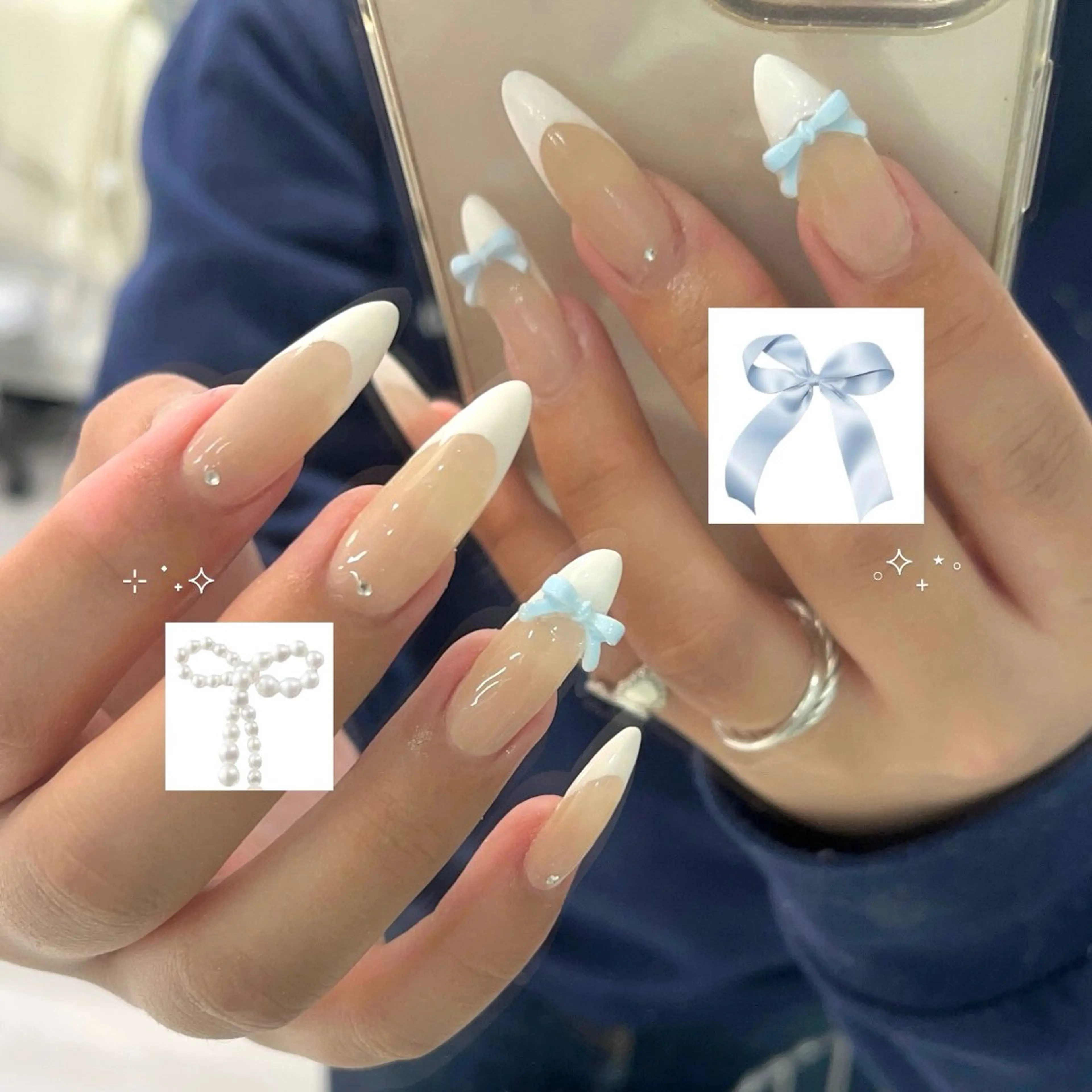 ネイル キラキラネイル レース ロングネイル リボン 冬ネイル ハンドネイル eight nail 春菜のネイルデザイン