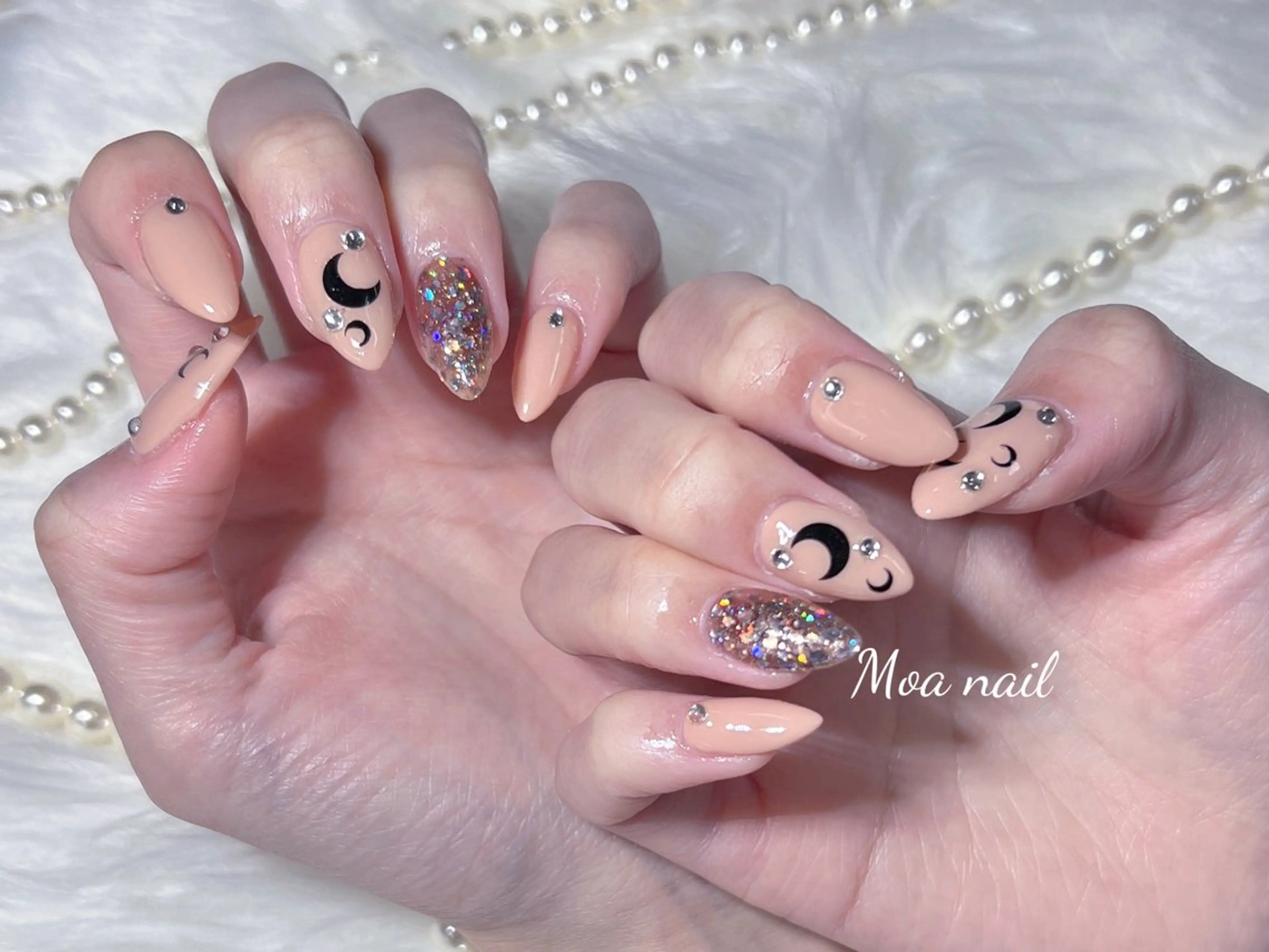 ネイル 長さ出し キラキラネイル リボン スカルプネイル シンプルネイル ハンドネイル Moa nailのネイルデザイン