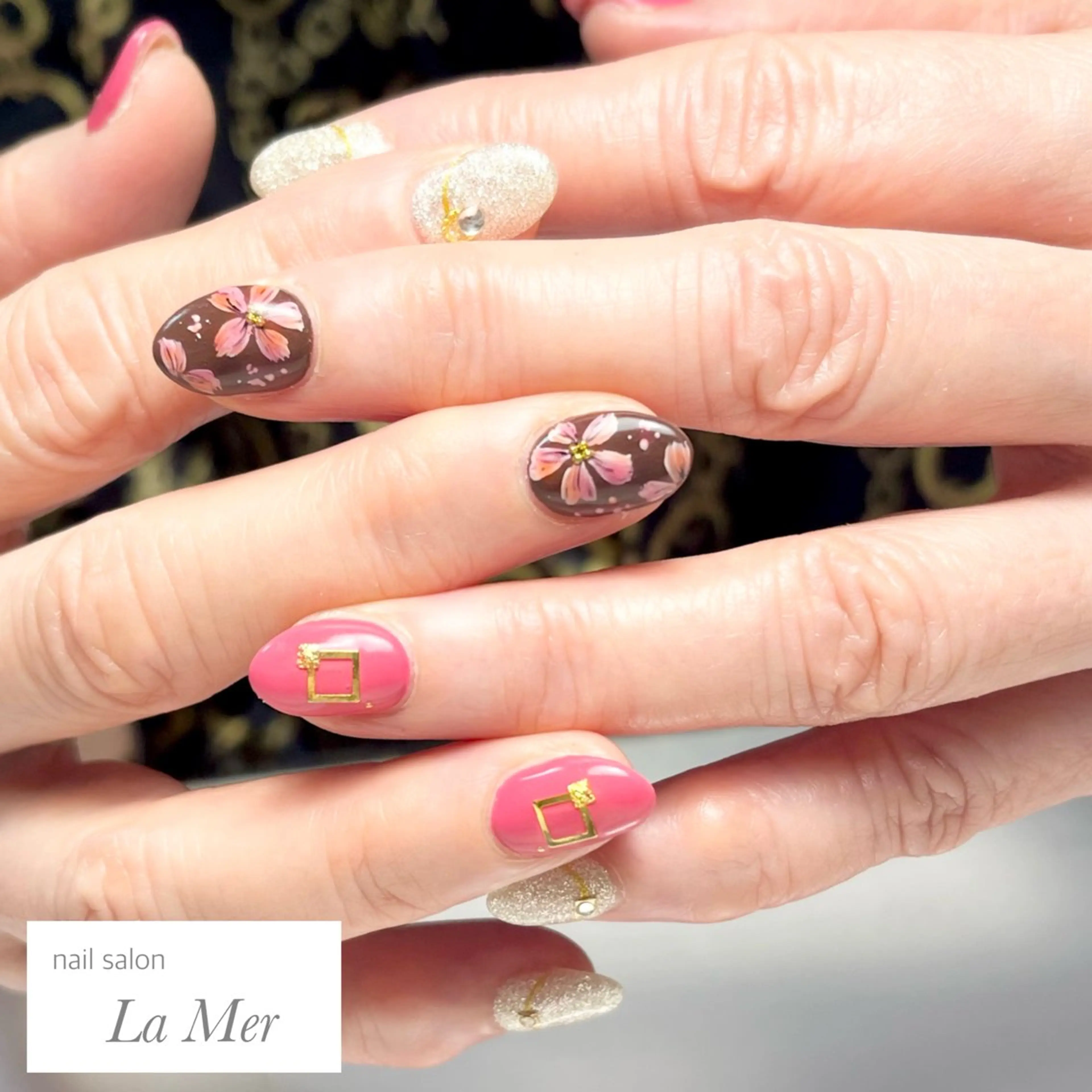 ネイル ブラウン フラワーネイル 持ち込み ピンク シルバー nailsalon La Merのネイルデザイン
