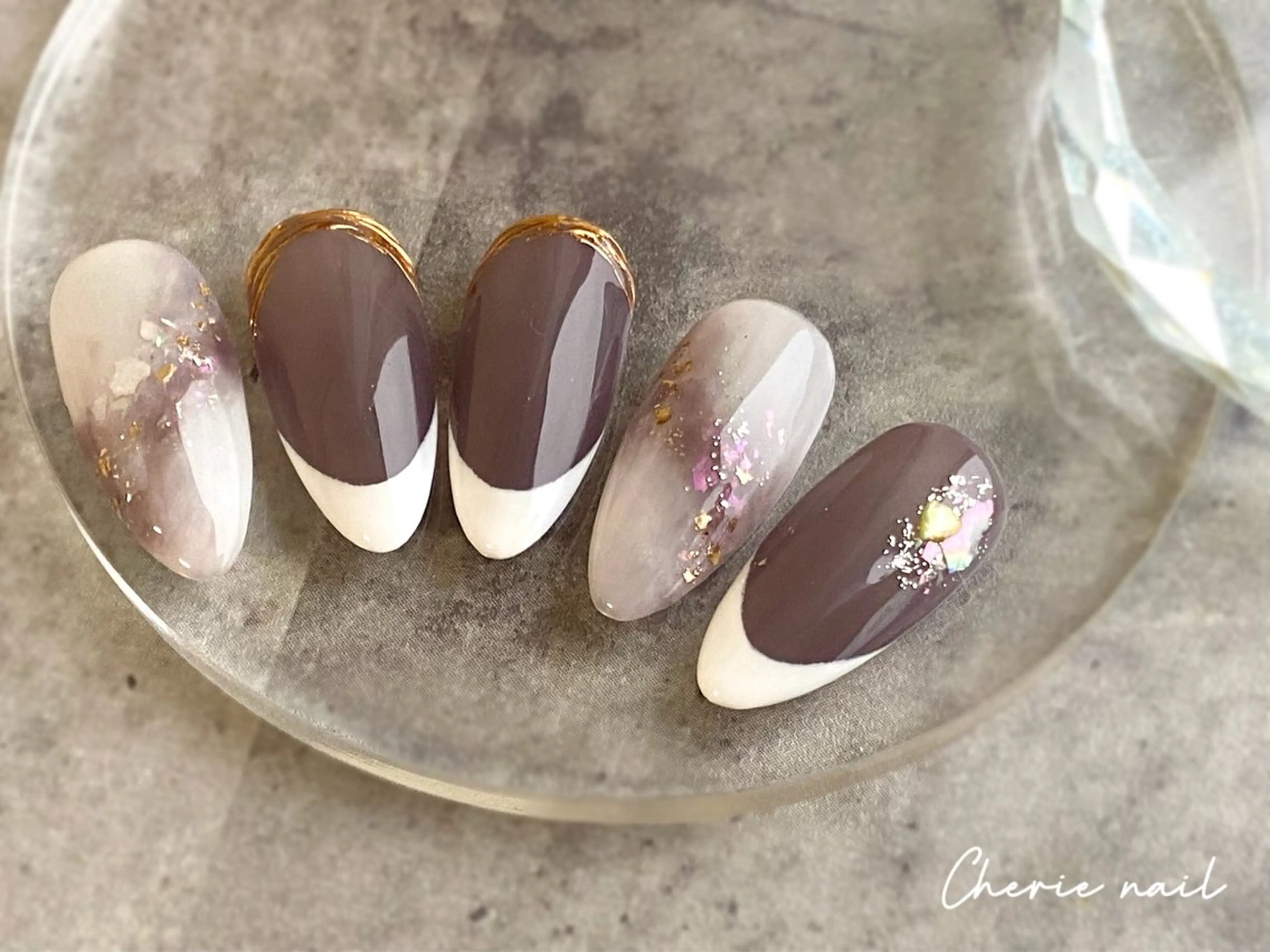 ネイル フレンチネイル ジェルネイル ラメ(グリッター) ミラーネイル ニュアンスネイル ハンドネイル Cherienail yunaのネイルデザイン