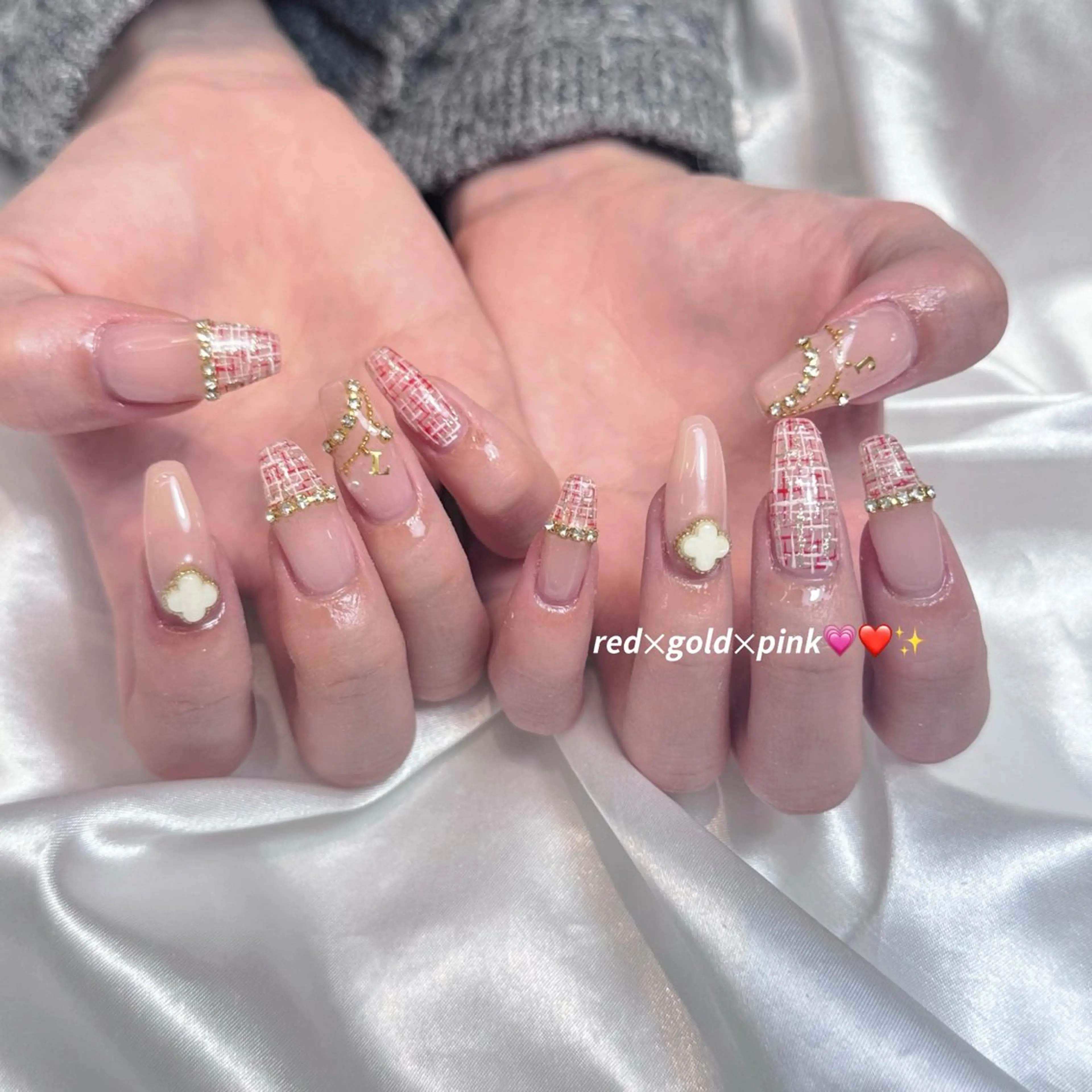 ネイル 赤色 ツイードネイル ume hairsalon所属・nono/ 熊取ﾈｲﾙｻﾛﾝのネイルデザイン