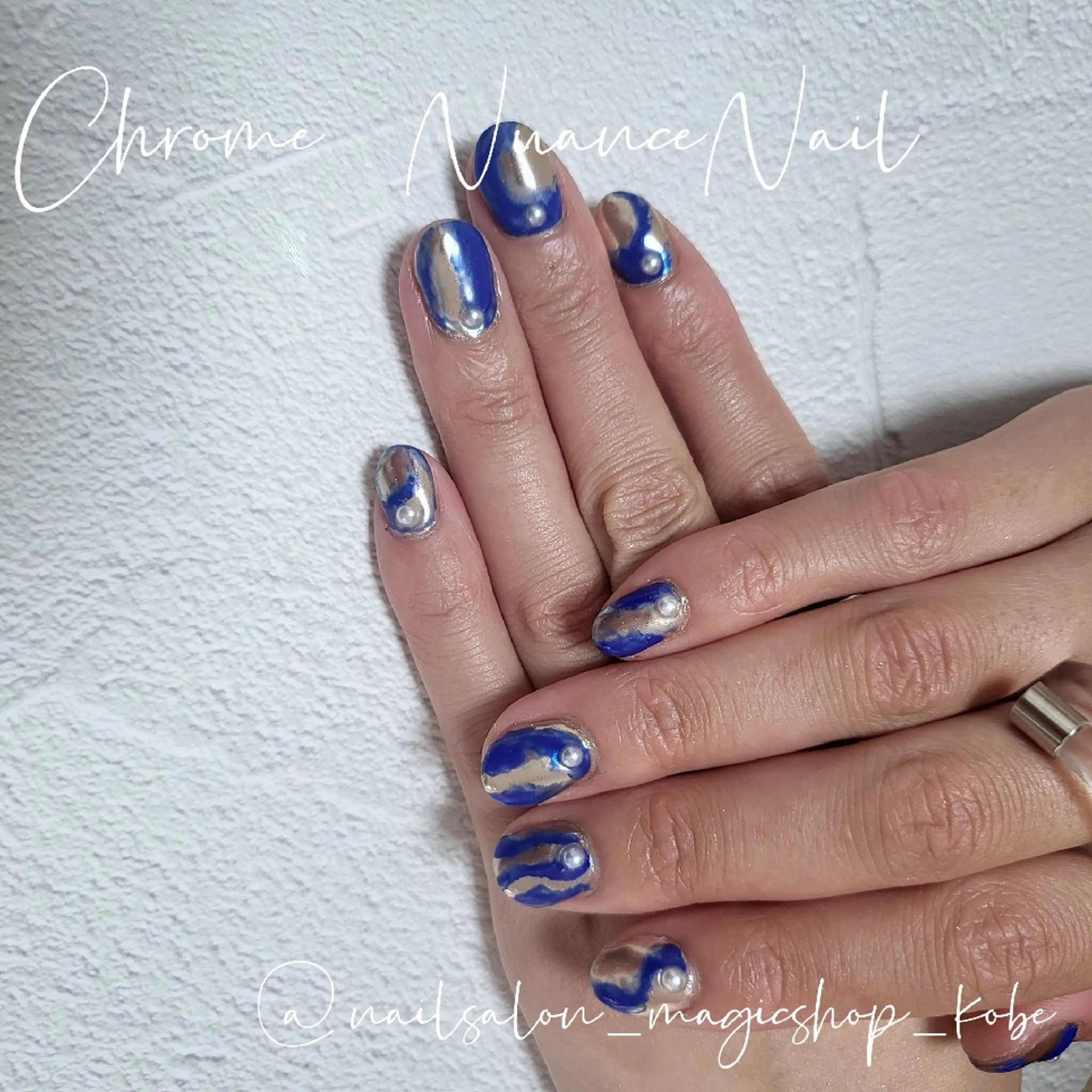 ネイル ブルー ジェルネイル ゴールド ソフトジェル ハンドネイル Nailsalon MagicShopのネイルデザイン