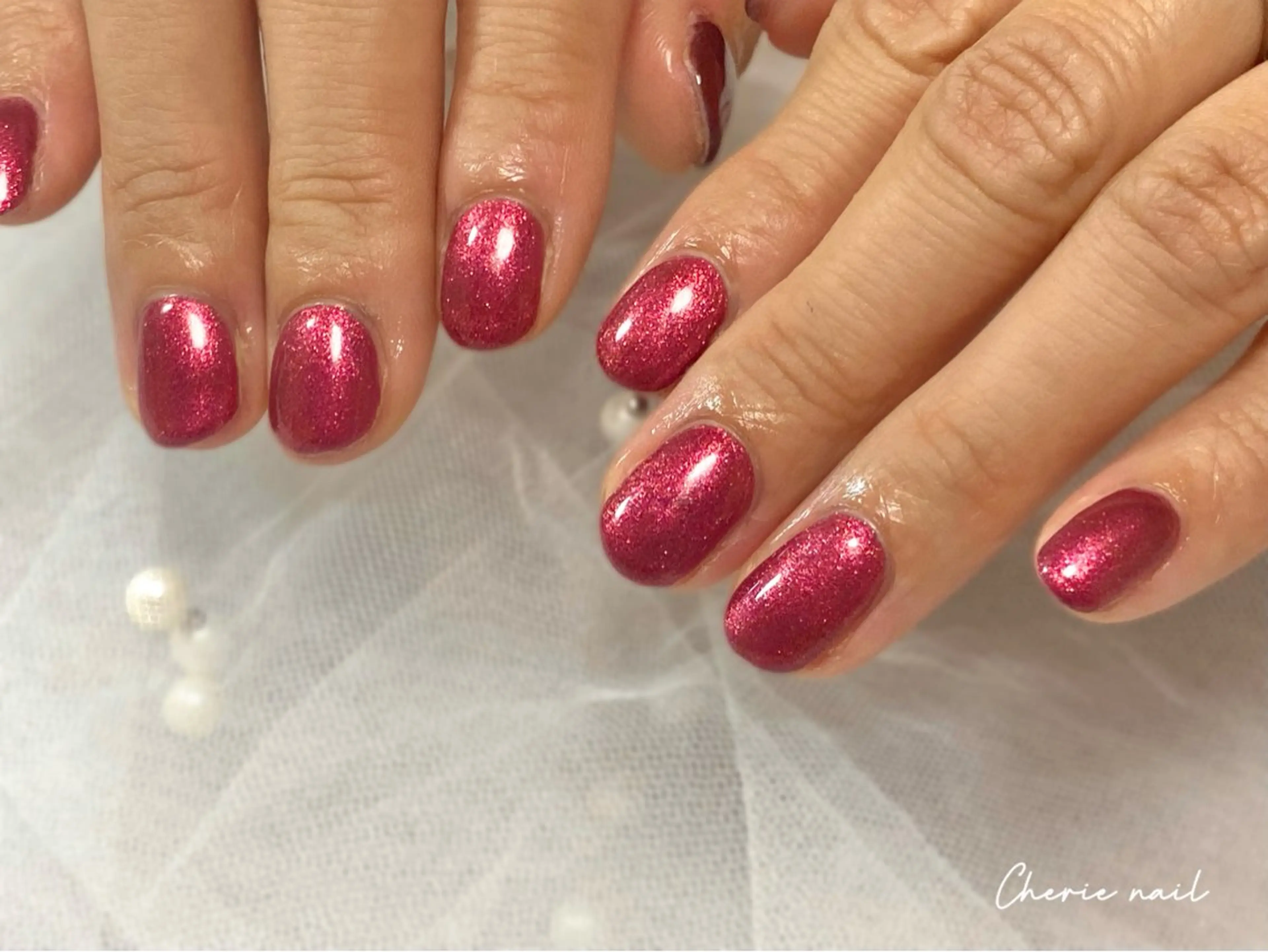 ネイル ボルドー ジェルネイル キラキラネイル ラメ(グリッター) ワンカラーネイル Cherienail yunaのネイルデザイン