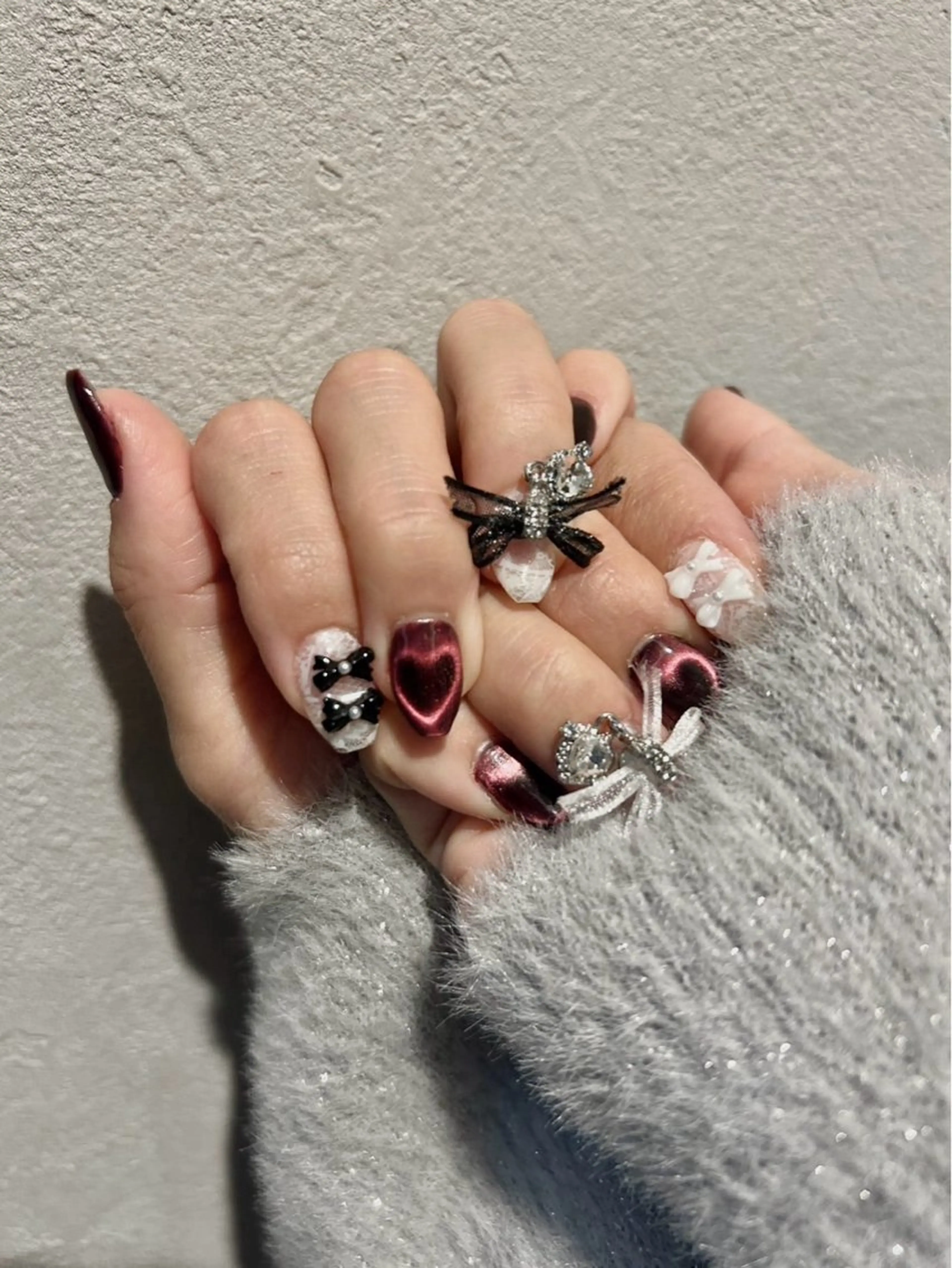 ネイル ハート レース 赤色 リボン ワンホンネイル ハンドネイル Kasai kieのネイルデザイン