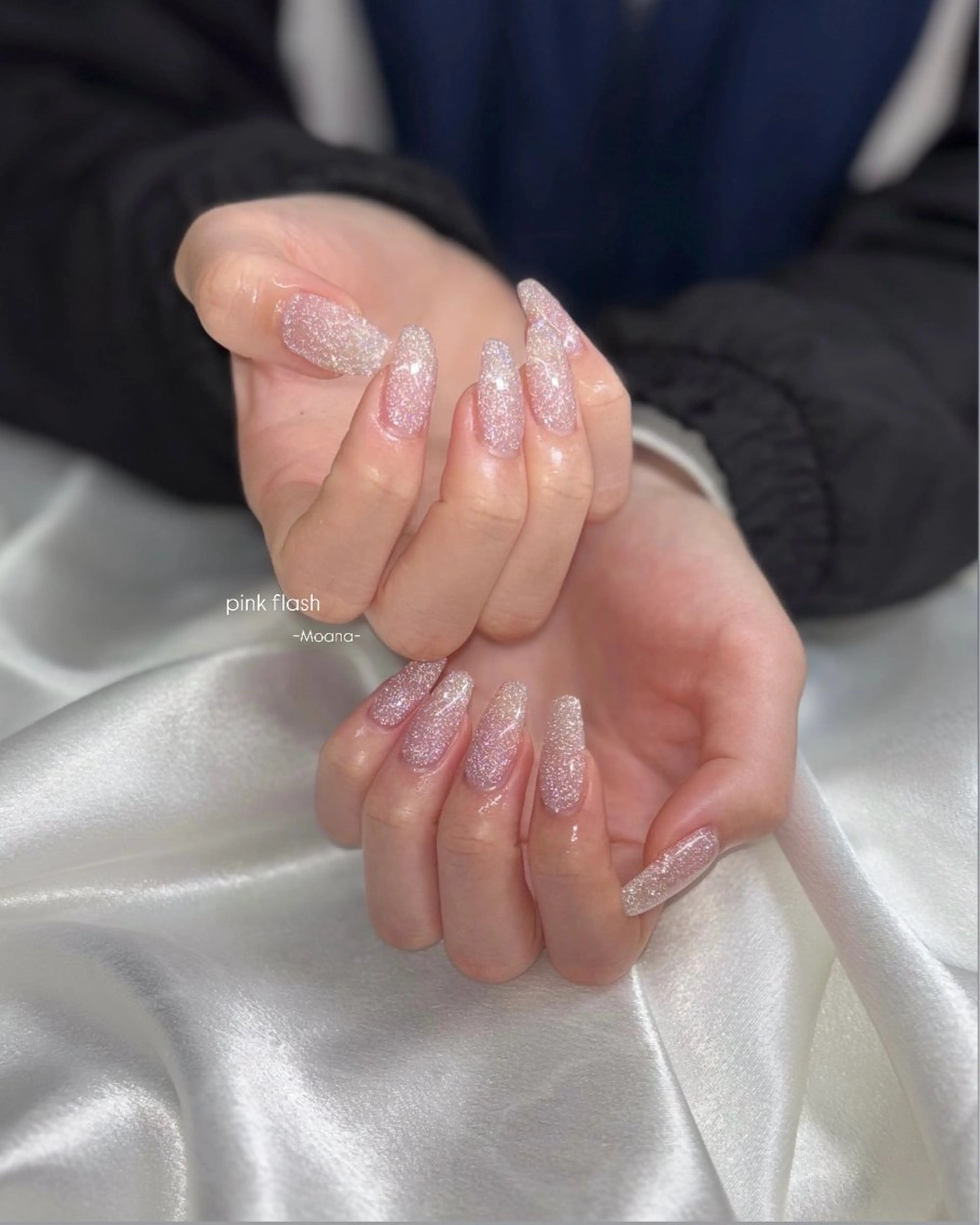 ネイル フラッシュネイル ラメ(グリッター) ワンカラーネイル ピンク スクエアネイル ハンドネイル Moana nail Hiyoriのネイルデザイン