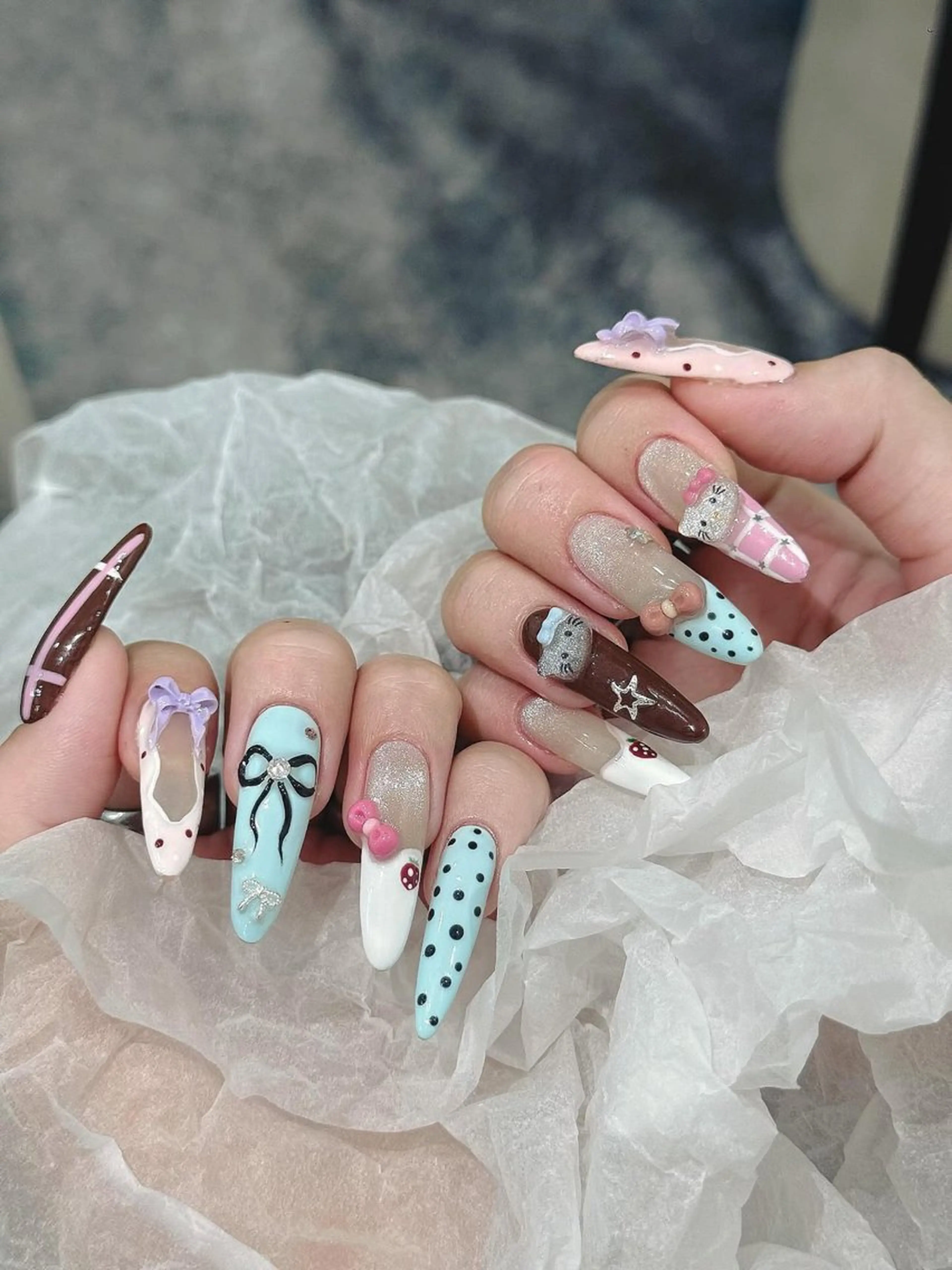 ネイル アートネイル 長さ出し ガーリー 韓国ネイル 持ち込み Rin Nail 新大久保店のネイルデザイン