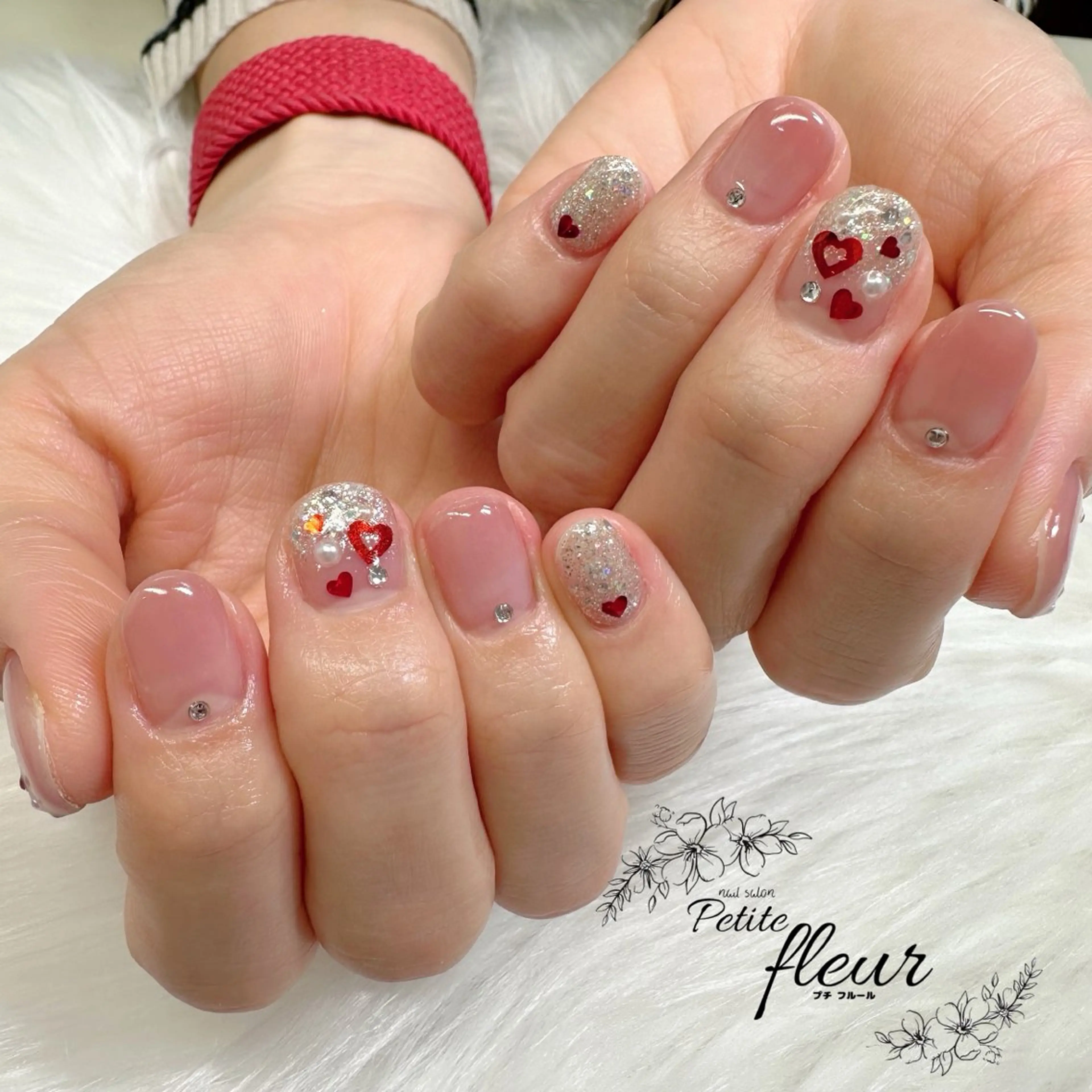 ネイル ハート ピンク バレンタイン ハンドネイル ❁⃘*。Petite fleur❁⃘*りさのネイルデザイン