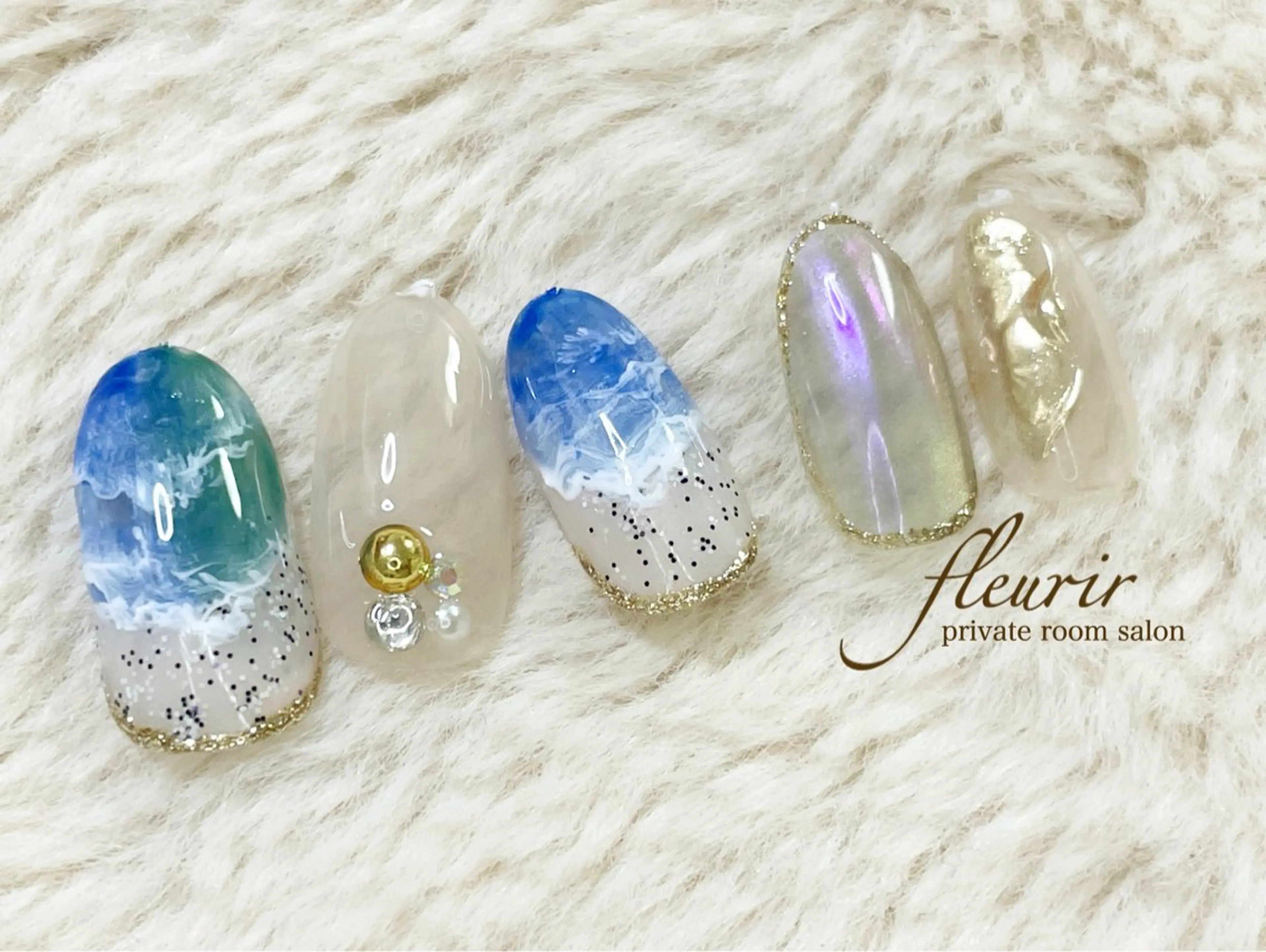 ネイル アートネイル オーロラネイル ブルー クリアネイル ゴールド フルリール 【プライベートサロンのネイルデザイン