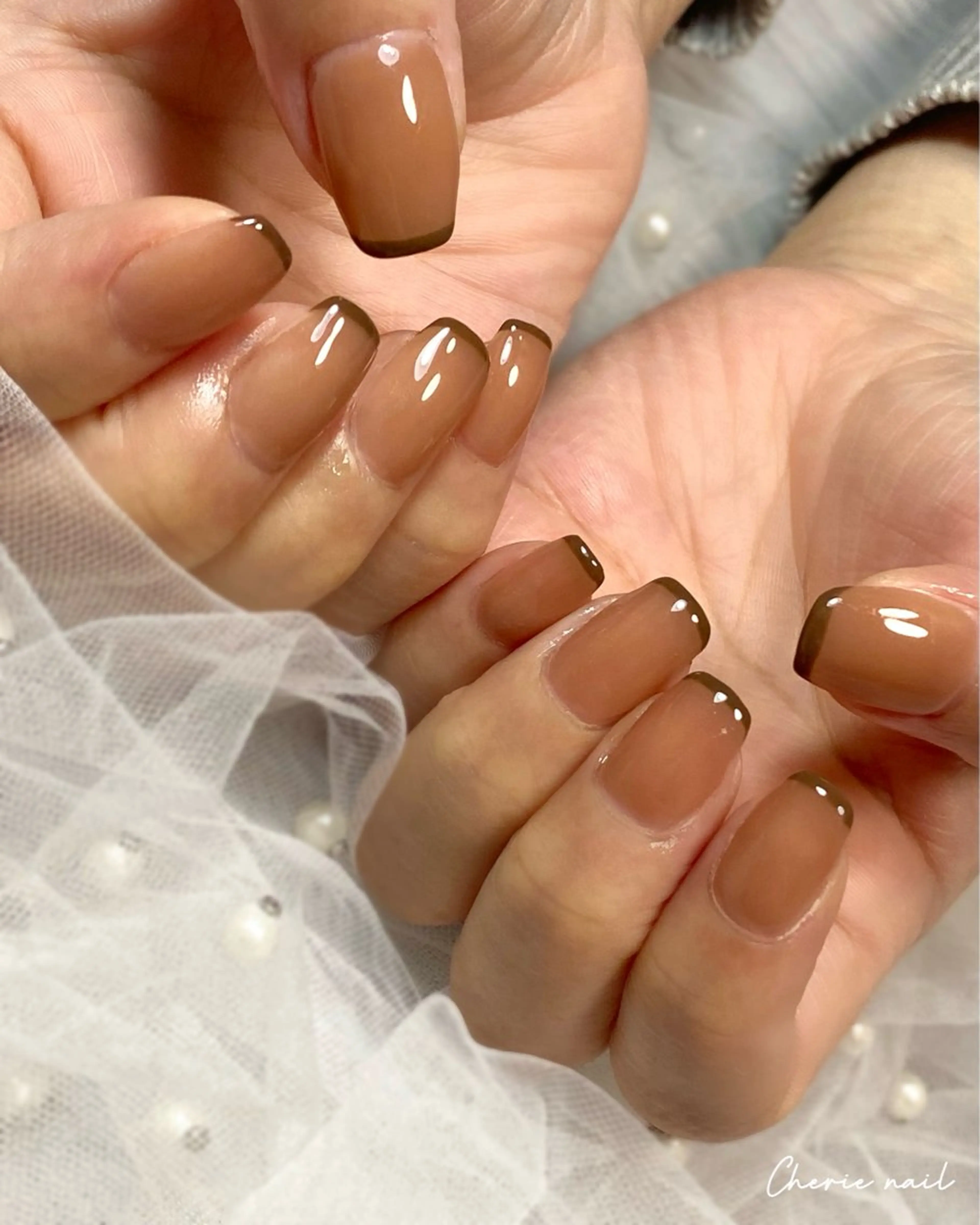 ネイル ブラウン フレンチネイル ジェルネイル オフィスネイル ハンドネイル Cherienail yunaのネイルデザイン