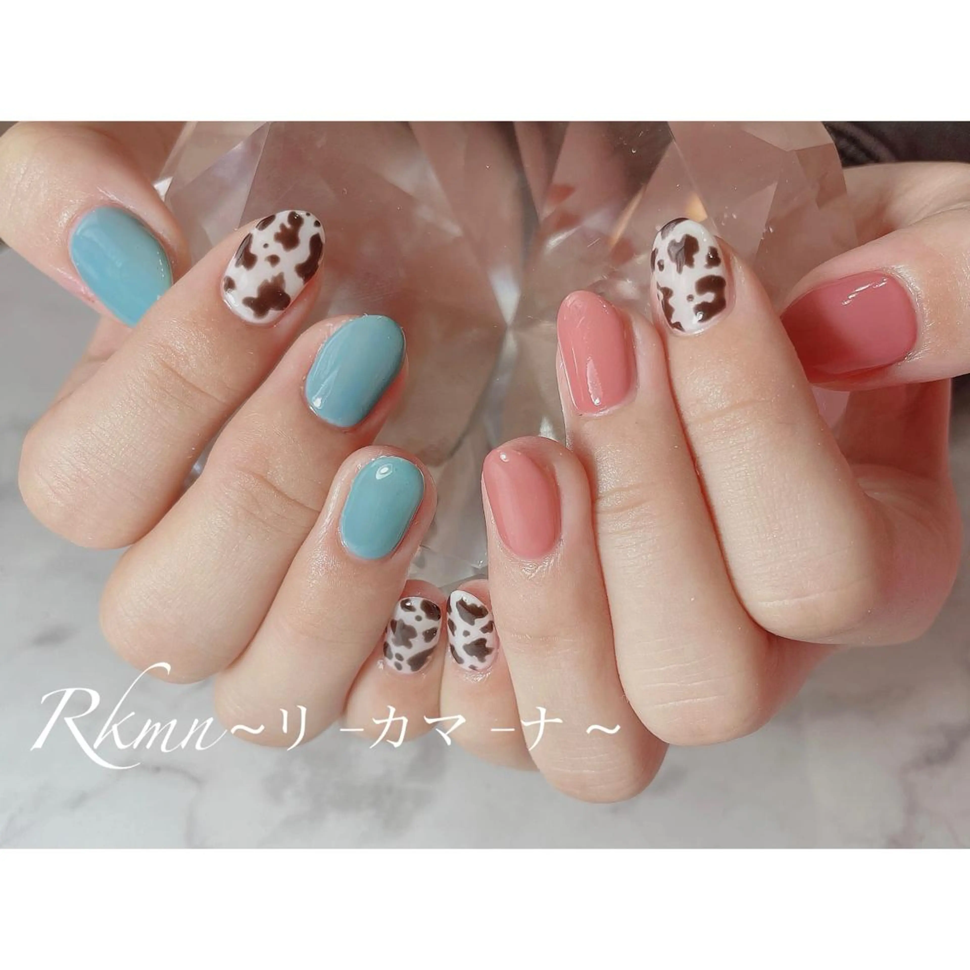 ネイル アートネイル ブルー ピンク 春ネイル ハンドネイル フットネイル ハンドケア Rkmn ~リ-カマ-ナ~のネイルデザイン