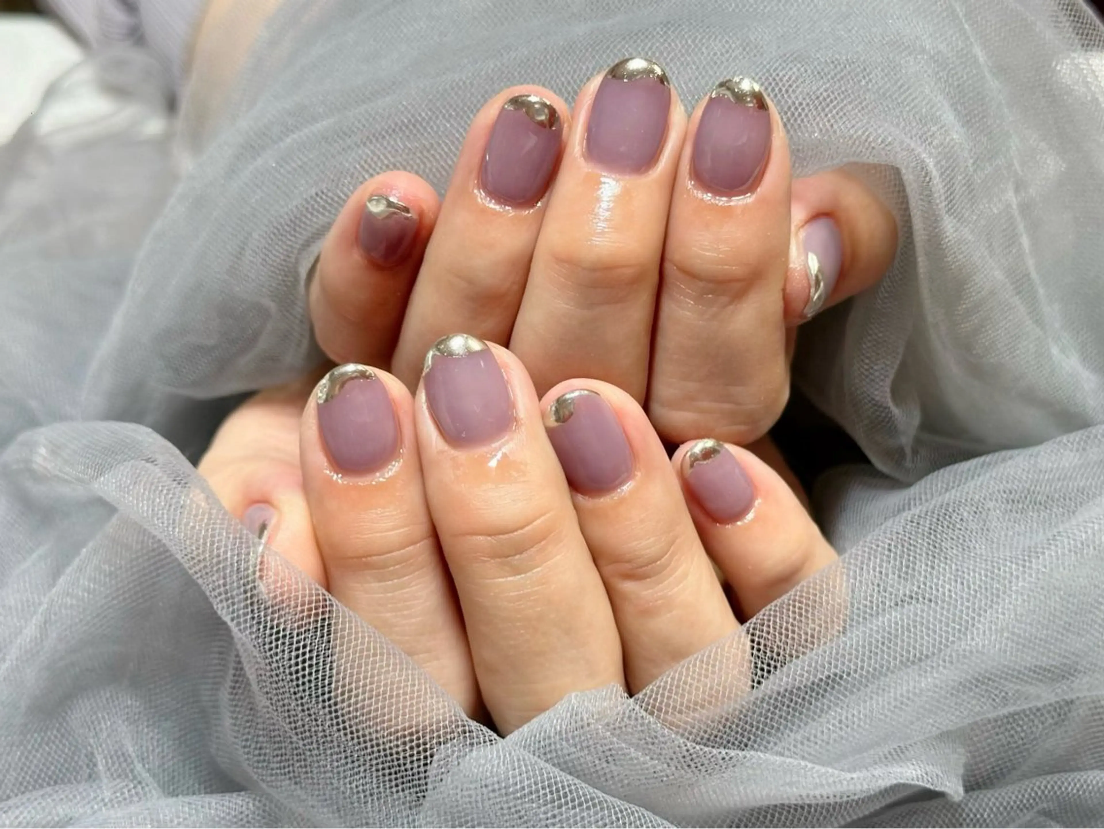 ネイル フレンチネイル ミラーネイル パープル ハンドネイル KURELLY所属・Nail Salon KURELLYのネイルデザイン