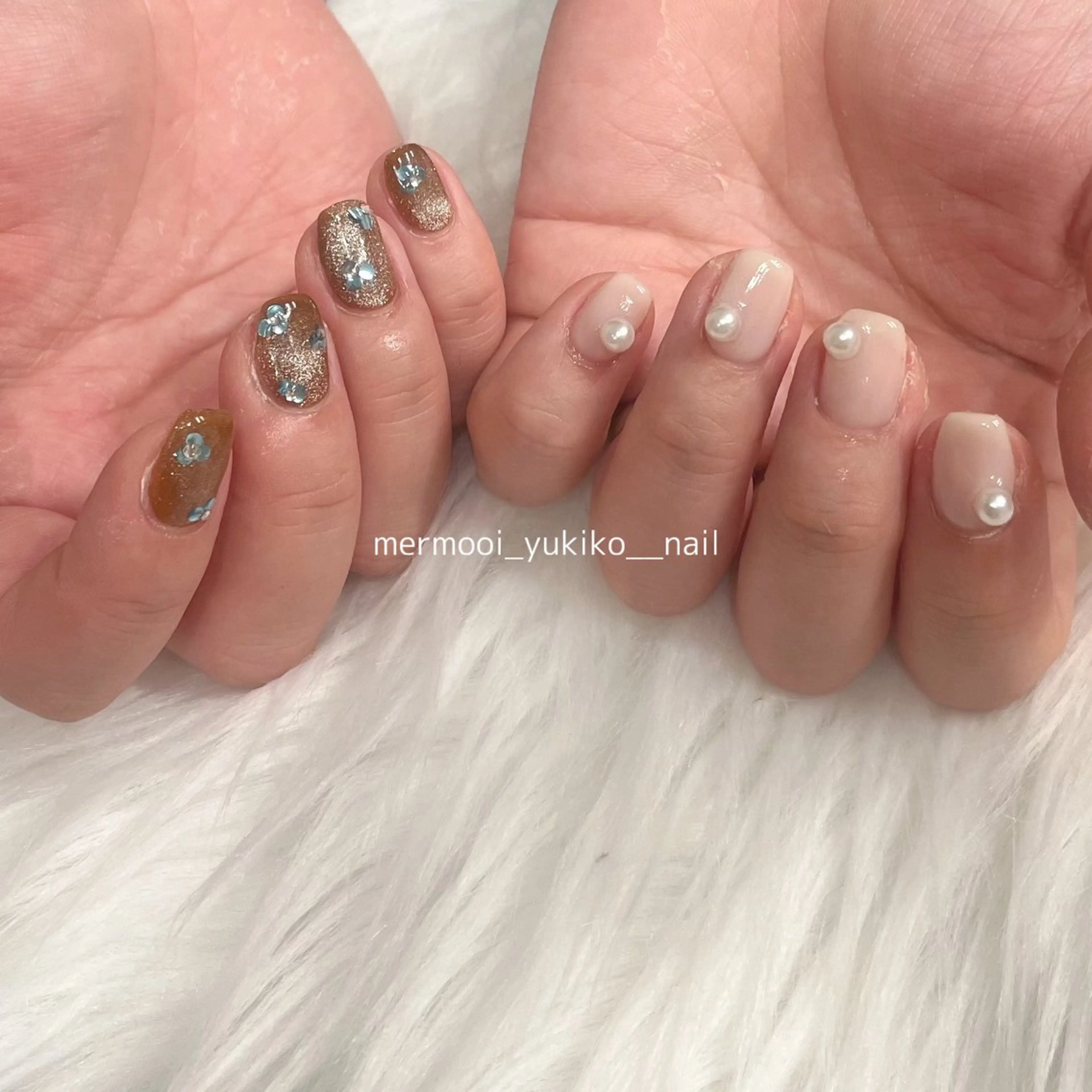 ネイル ブルー ブラウン ホログラムネイル キラキラネイル マグネットネイル ハンドネイル melu所属・melu yukikoのネイルデザイン