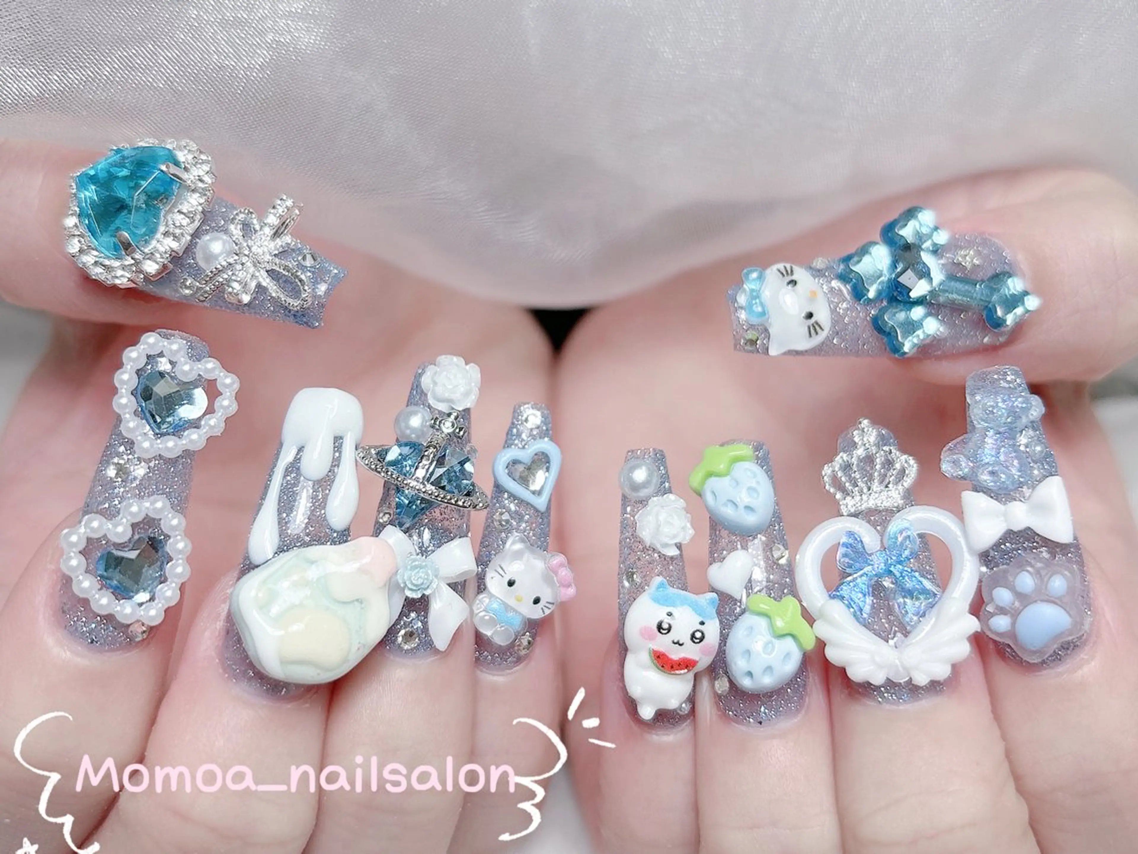 ネイル 成人式 ロングネイル マグネットネイル 大理石ネイル(マーブル) 持ち込み ハンドネイル MoMoA Nail ネイル長さ出し専門店のネイルデザイン