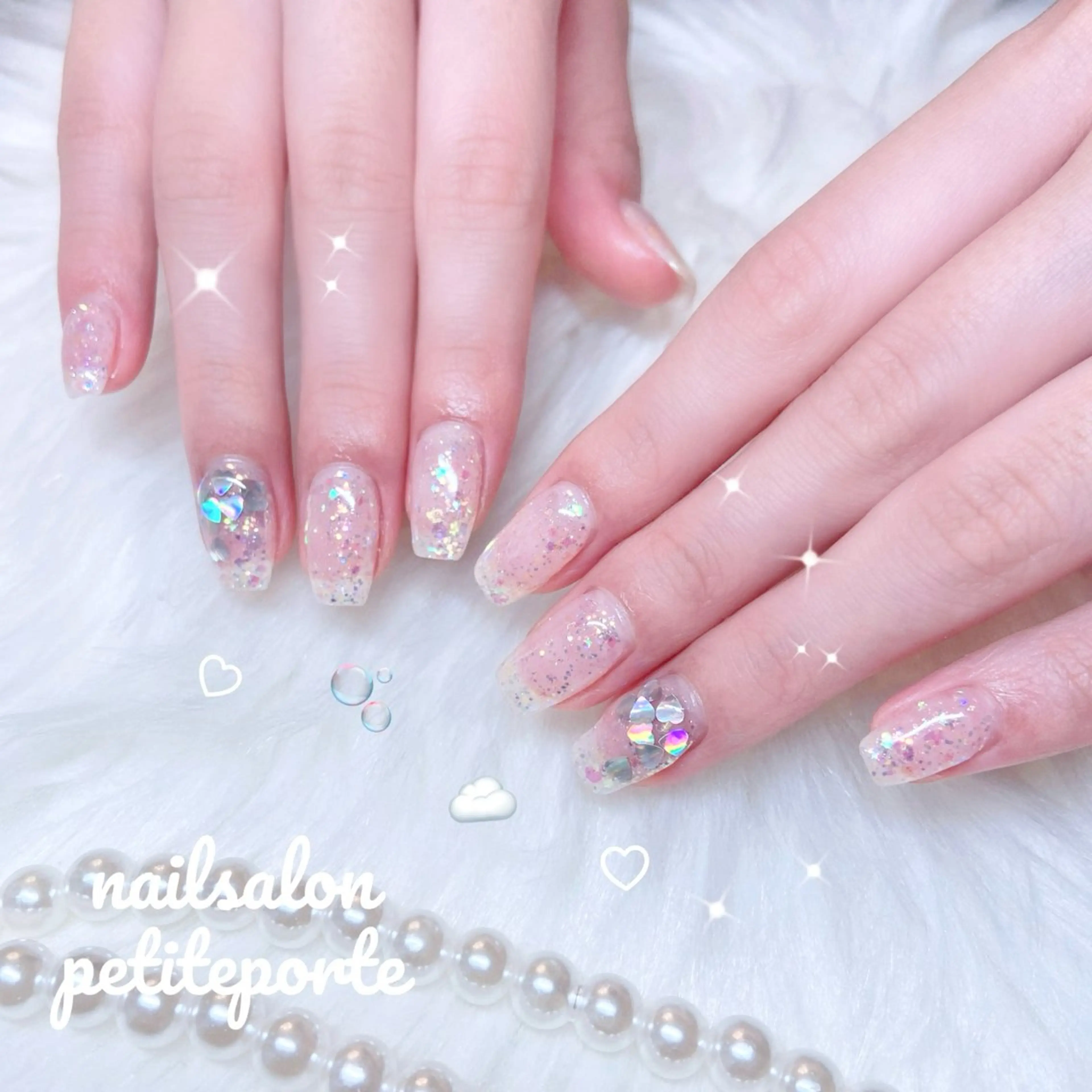 ネイル ガーリー ハート 氷ネイル・うるうるネイル キラキラネイル ラメ(グリッター) ハンドネイル nailsalon petite porte所属・petite porteのネイルデザイン