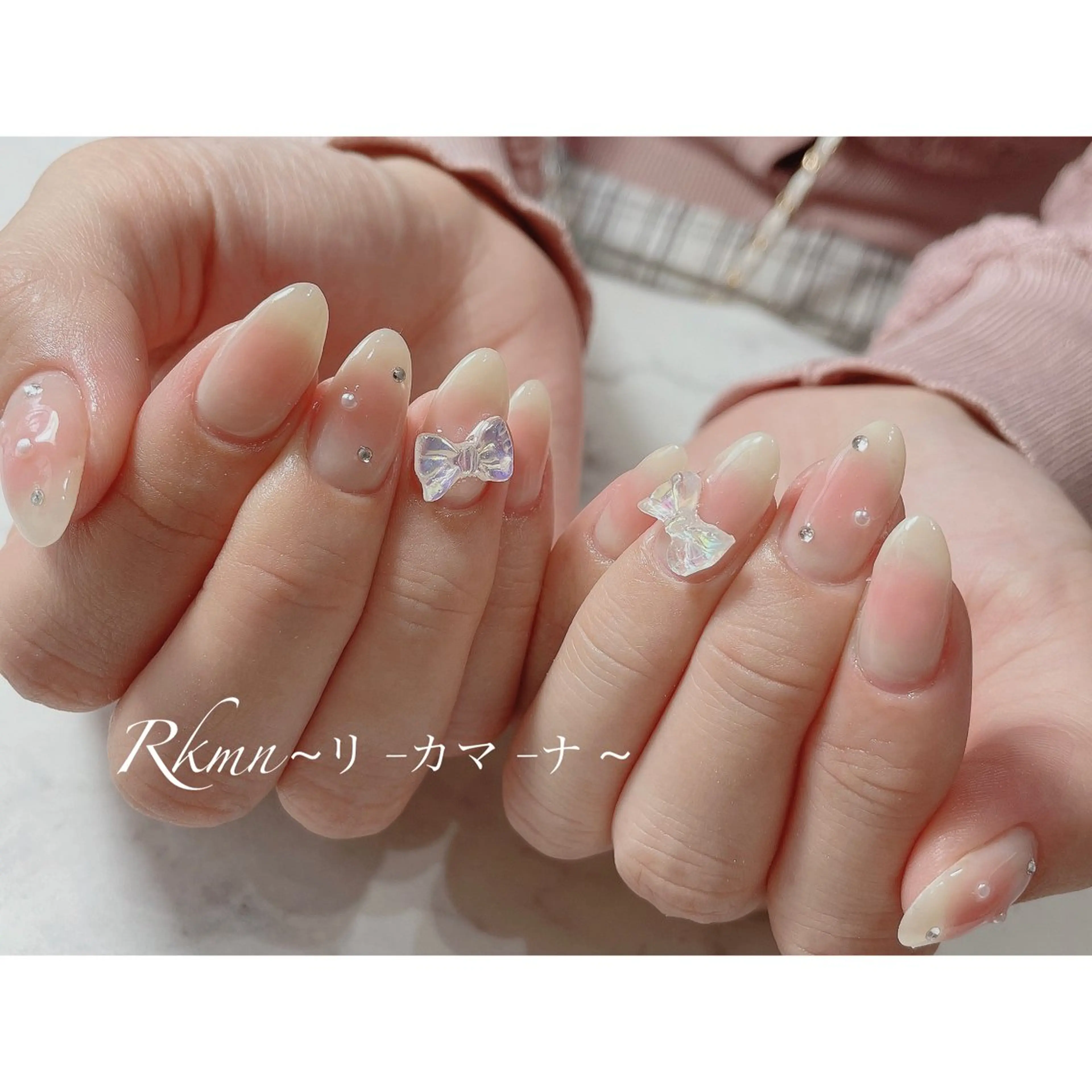 ネイル アートネイル チークネイル グラデーション キラキラネイル リボン ハンドネイル フットネイル ハンドケア Rkmn ~リ-カマ-ナ~のネイルデザイン