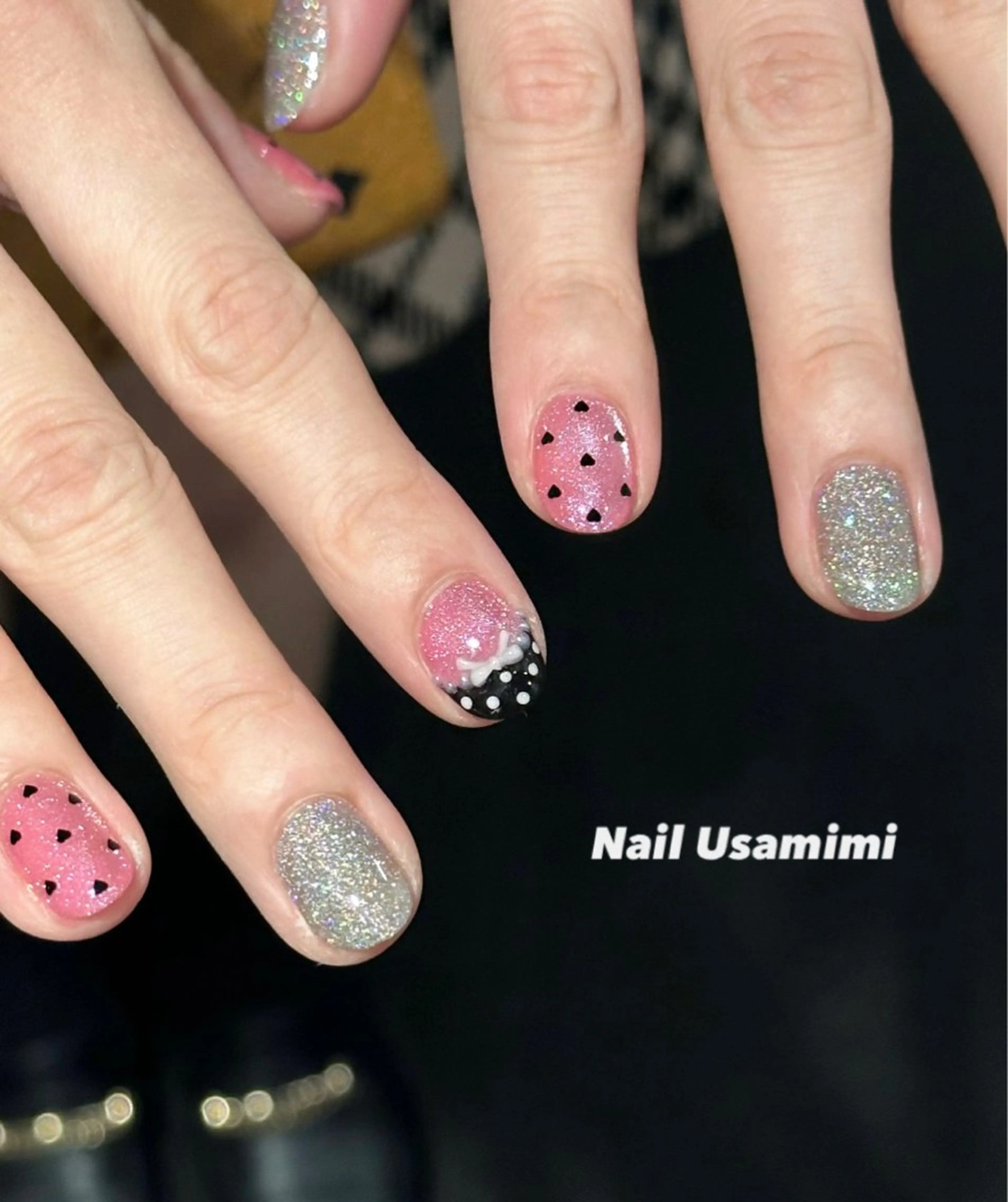 ネイル ドット ピンク リボン ハンドネイル 本町NailUsaM imi MOMOKAのネイルデザイン