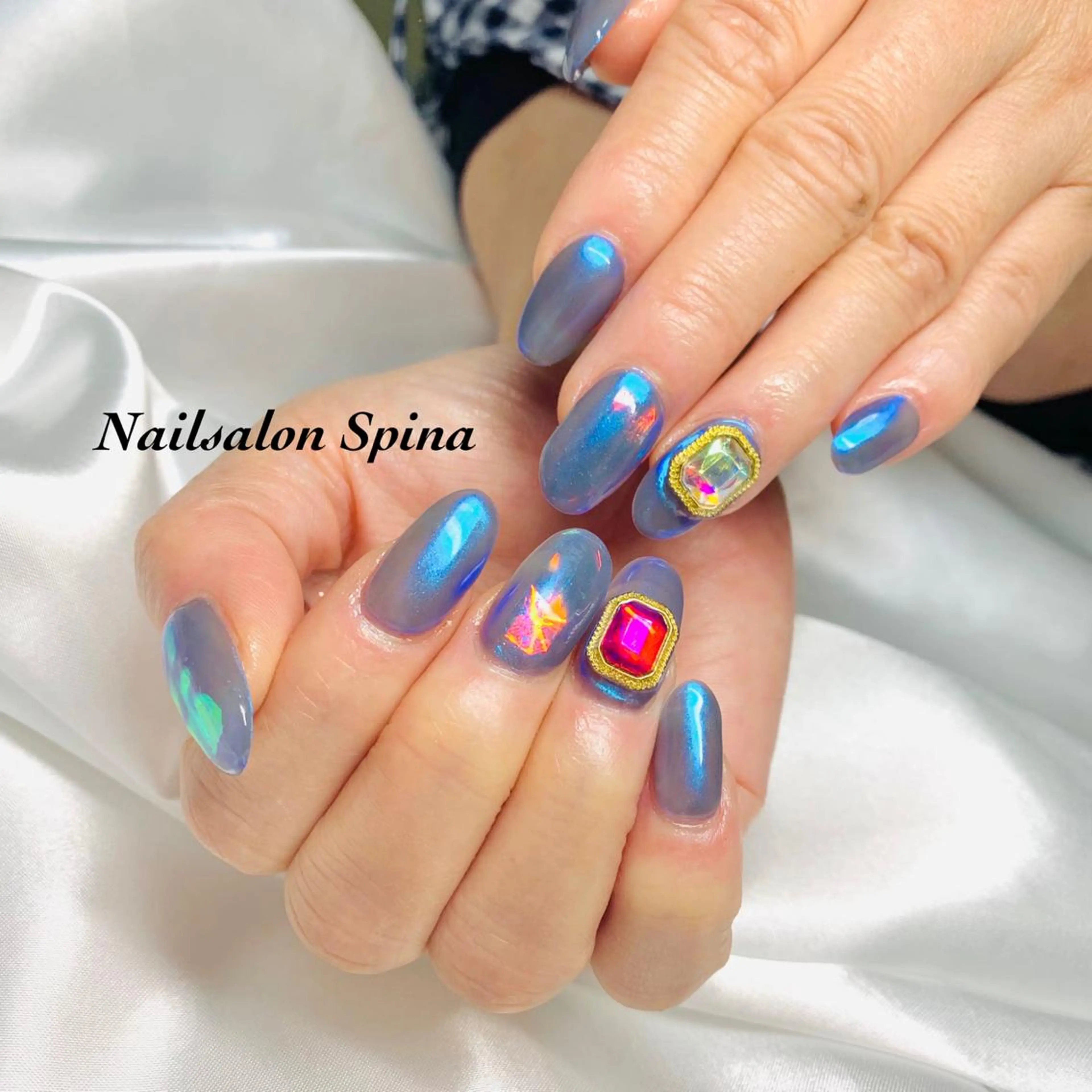 ネイル オーロラネイル ブルー ジェルネイル 氷ネイル・うるうるネイル パラジェル Nailsalon Spina 琴美のネイルデザイン