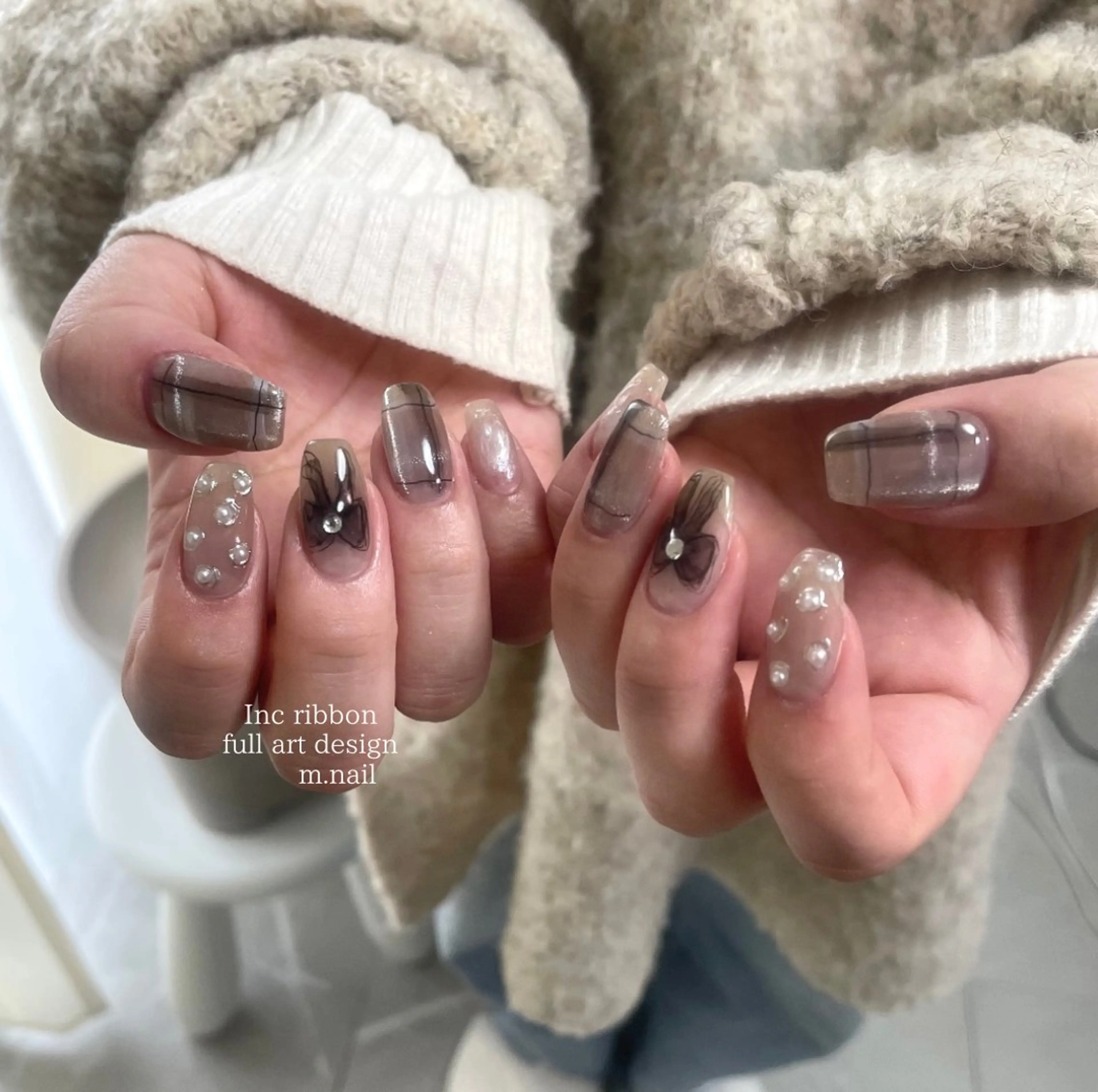 ネイル アートネイル リボン バレンタイン ハンドネイル m.nail salonのネイルデザイン
