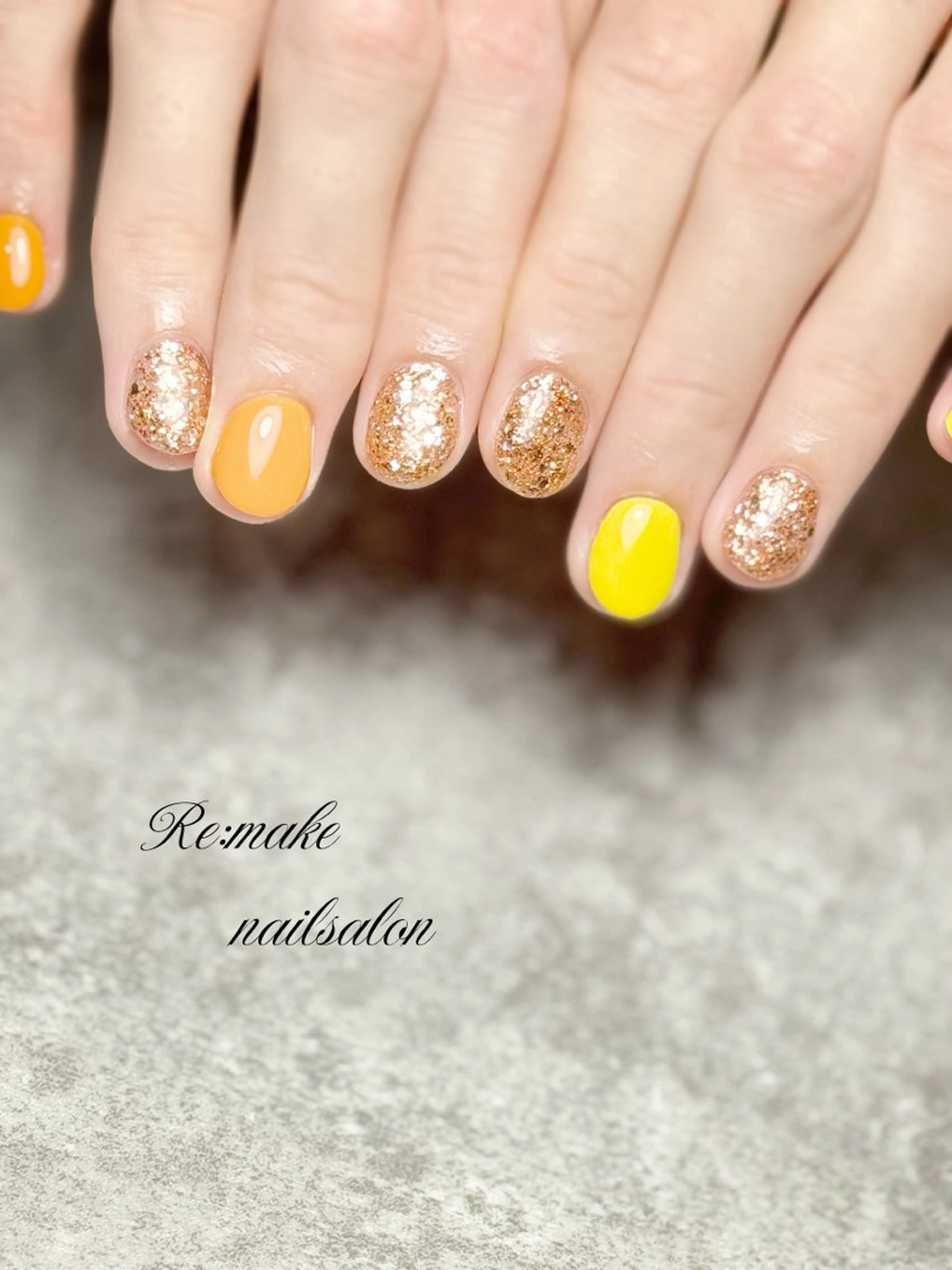 ネイル ラメ(グリッター) メンズネイル ワンカラーネイル オレンジ 黄色 ハンドネイル Suetake Shuriのネイルデザイン