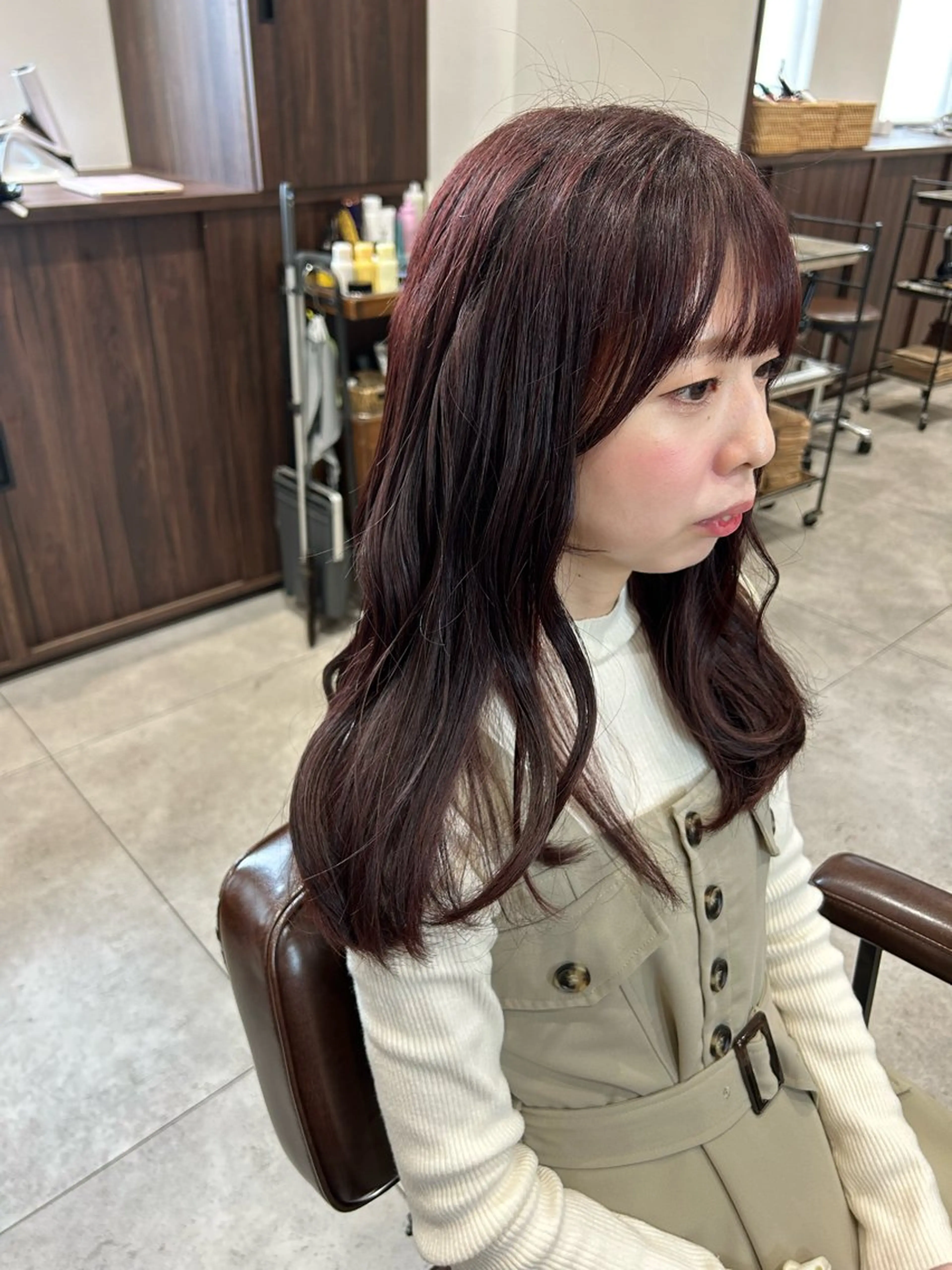 セミロング カラー ブリーチ ブリーチなしカラー ピンクカラー カット ヘアカラー オリーブベージュ/ ブリーチなし透明感のヘアスタイル