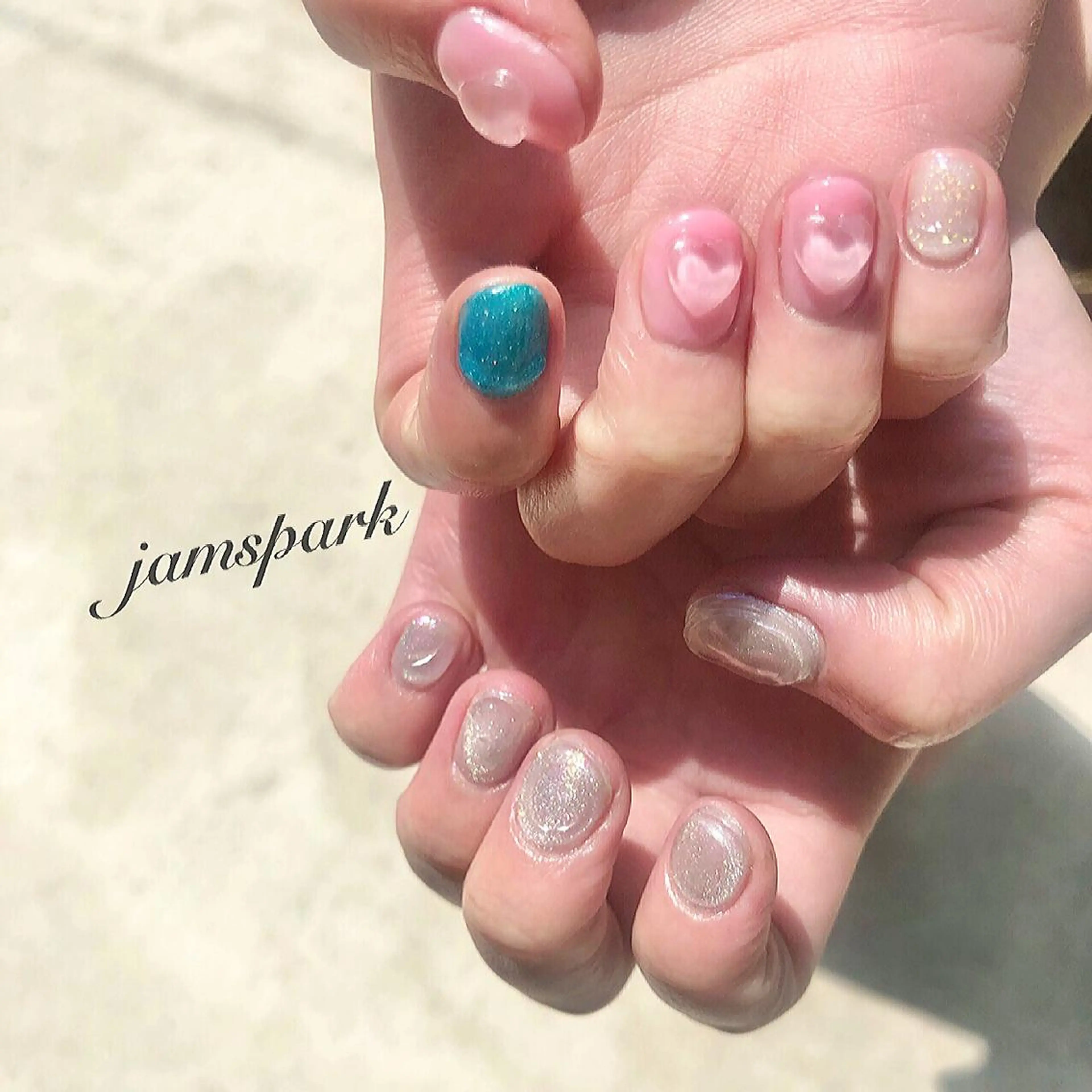 ネイル アートネイル クリアネイル グリーン ハート キラキラネイル ハンドネイル jamspark ✨のネイルデザイン