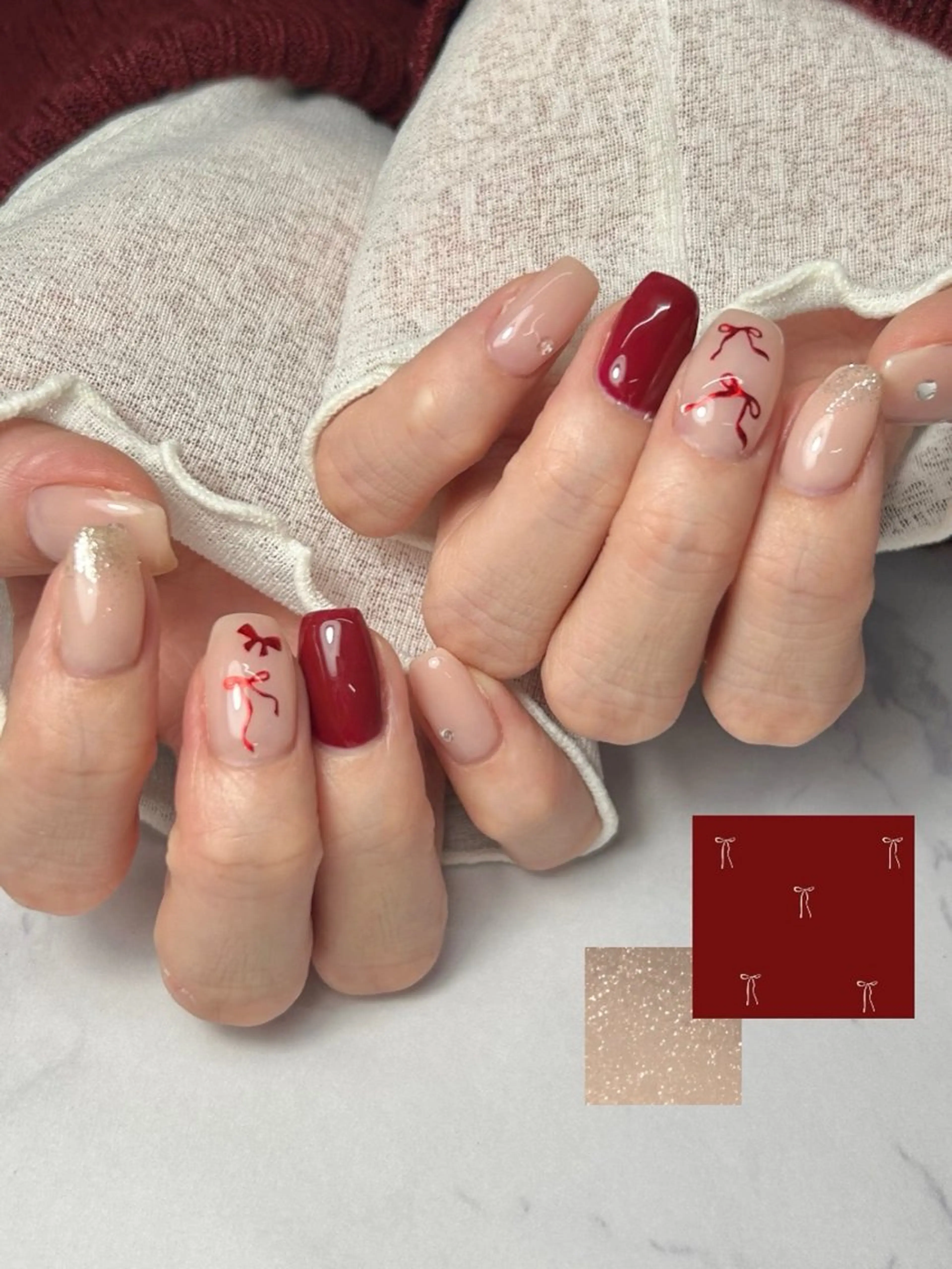 ネイル ボルドー リボン GO TODAY シェアサロン 表参道Colore店所属・nailmum jijiのネイルデザイン