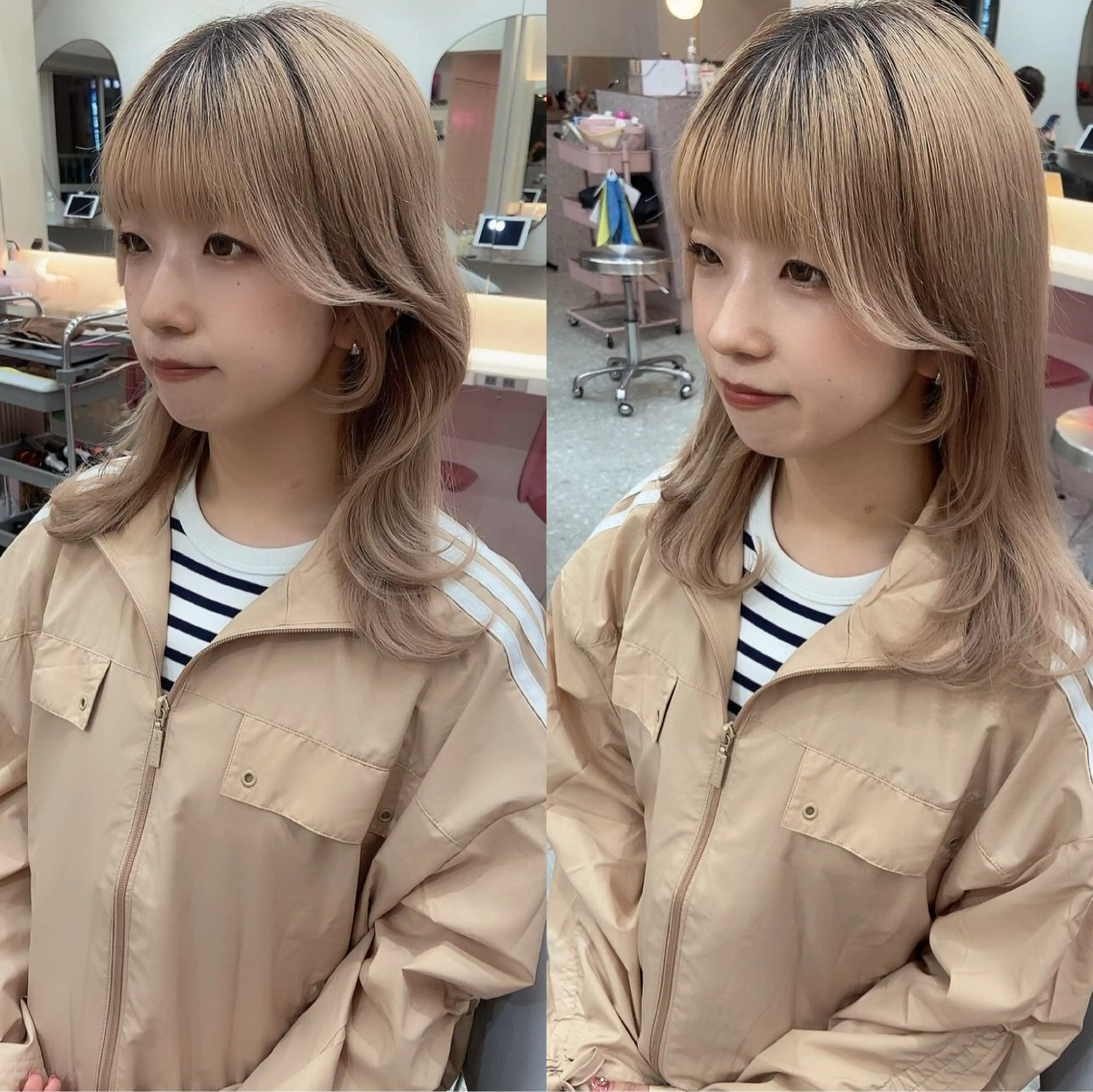 ミディアム カラー ベージュカラー ブリーチ ケアブリーチ ダブルカラー ミルクティーベージュ カット トリートメント 新宿/韓国ヘア 中明度カラー/かやのヘアスタイル