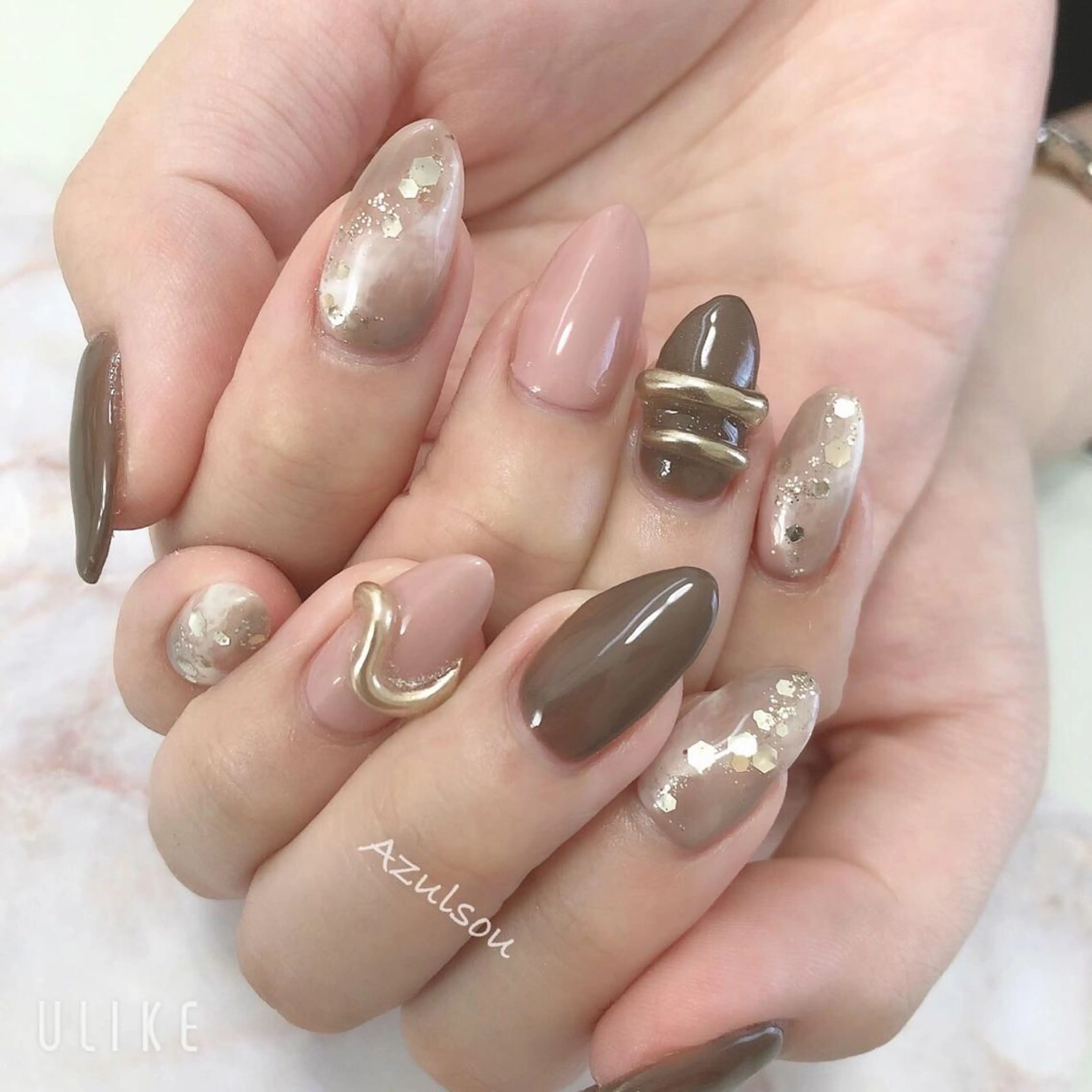 ネイル ブラウン ジェルネイル 韓国ネイル ミラーネイル 持ち込み Azulsou 廣川愛のネイルデザイン