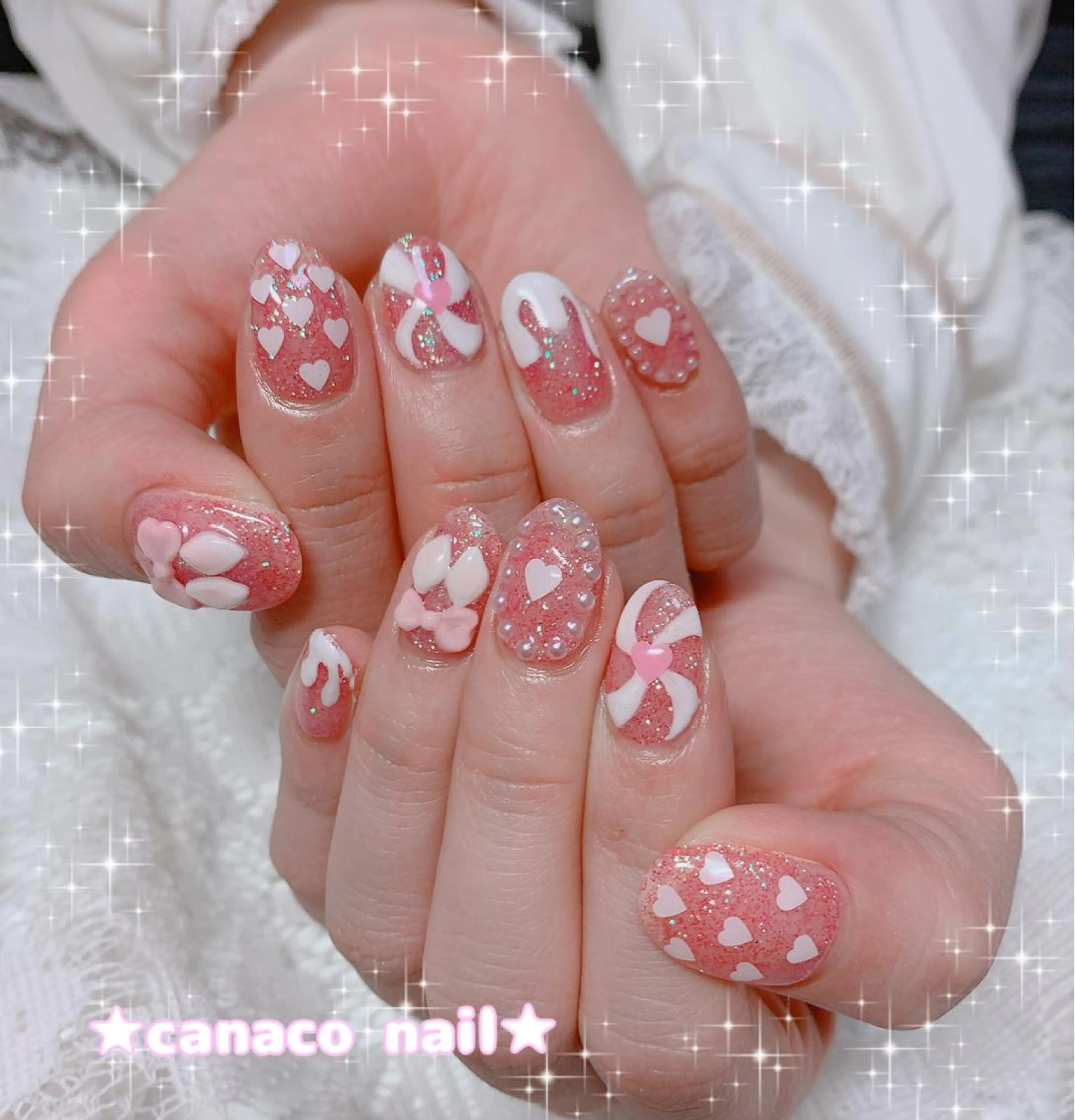 ネイル アートネイル ジェルネイル ガーリー パラジェル ストーンネイル Felice所属・ベテランネイル cnc  nailのネイルデザイン