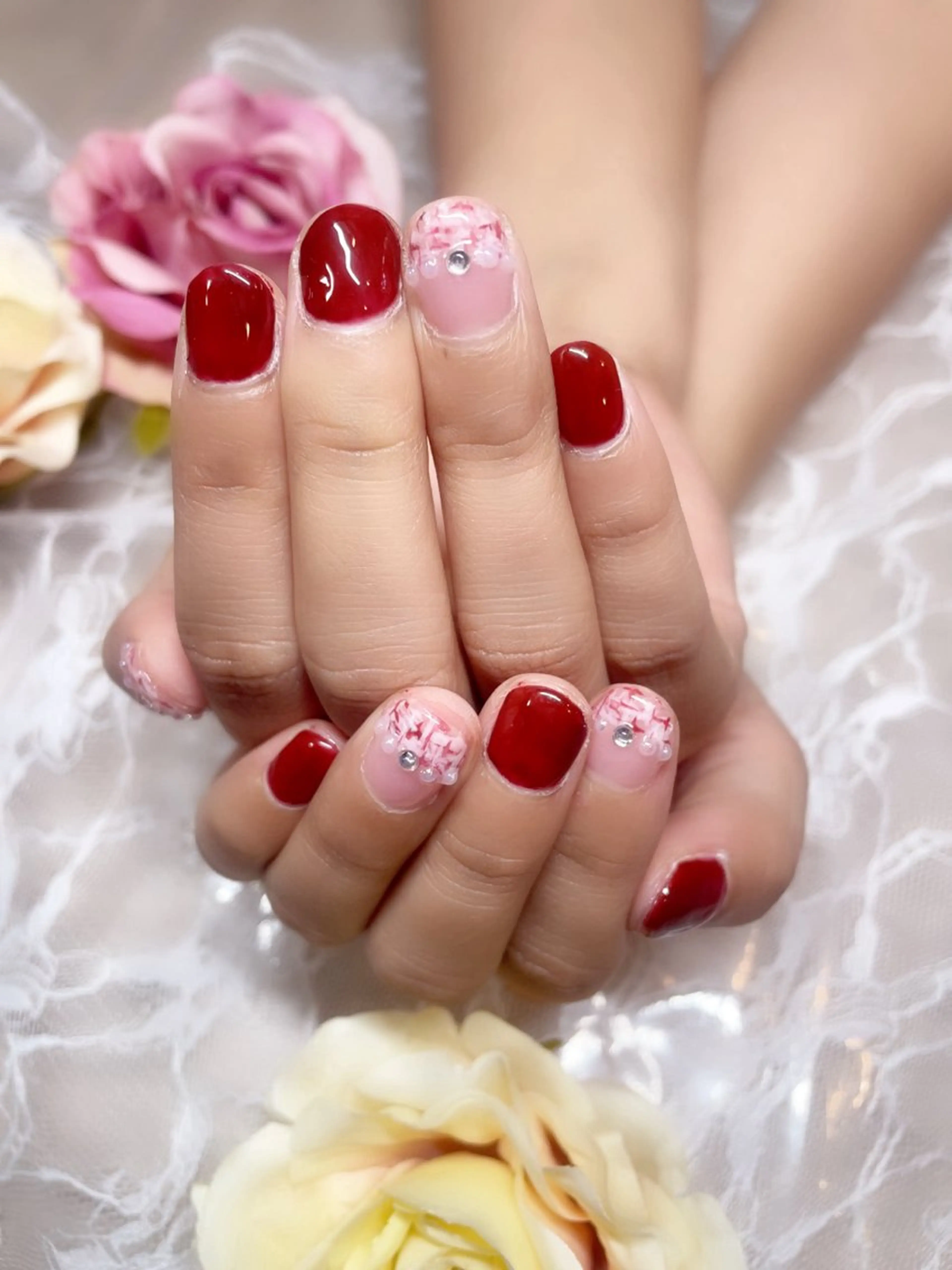 ネイル ボルドー ツイードネイル A.free✧*｡ アレルギー対応✧*｡のネイルデザイン