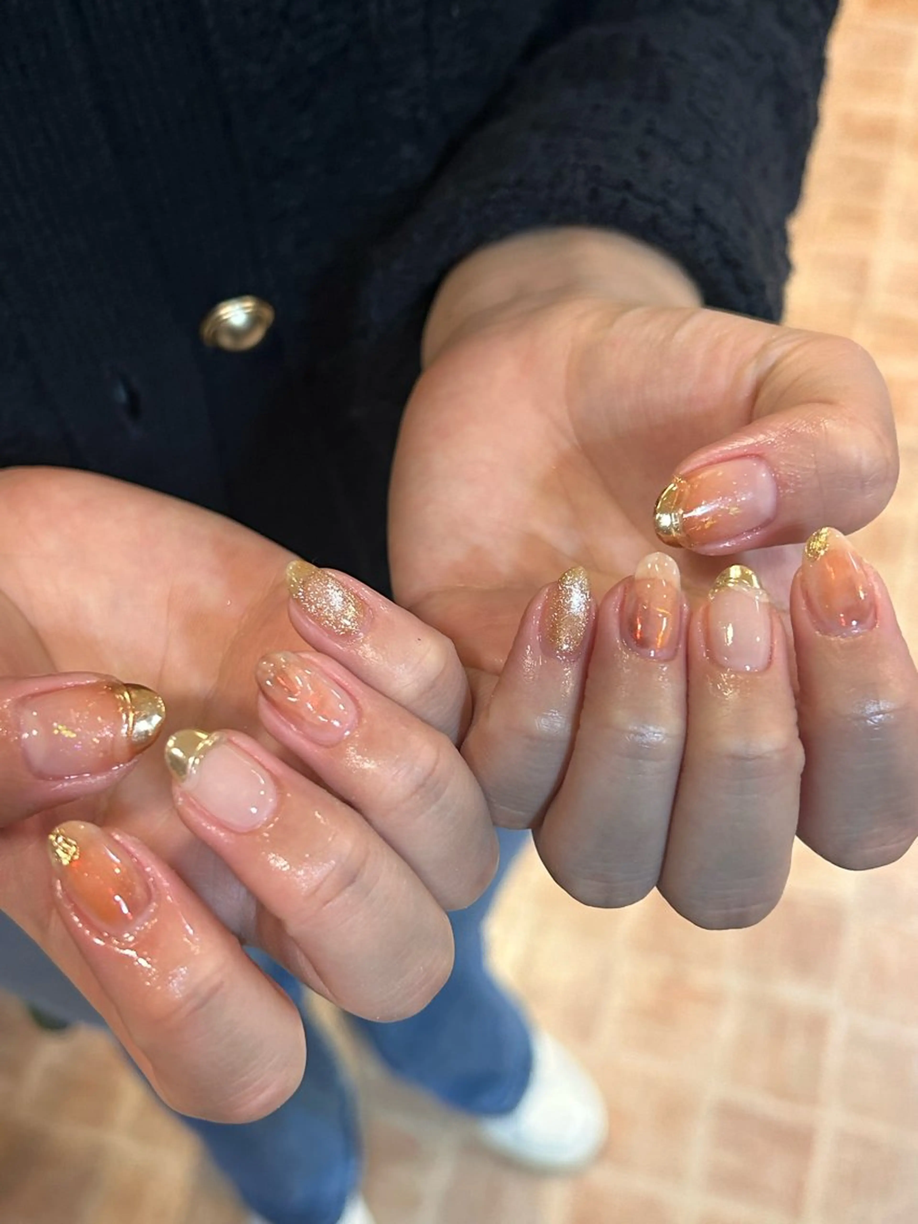 ネイル クリアネイル ゴールド キラキラネイル ニュアンスネイル オレンジ sun.lino所属・小野寺 千尋のネイルデザイン