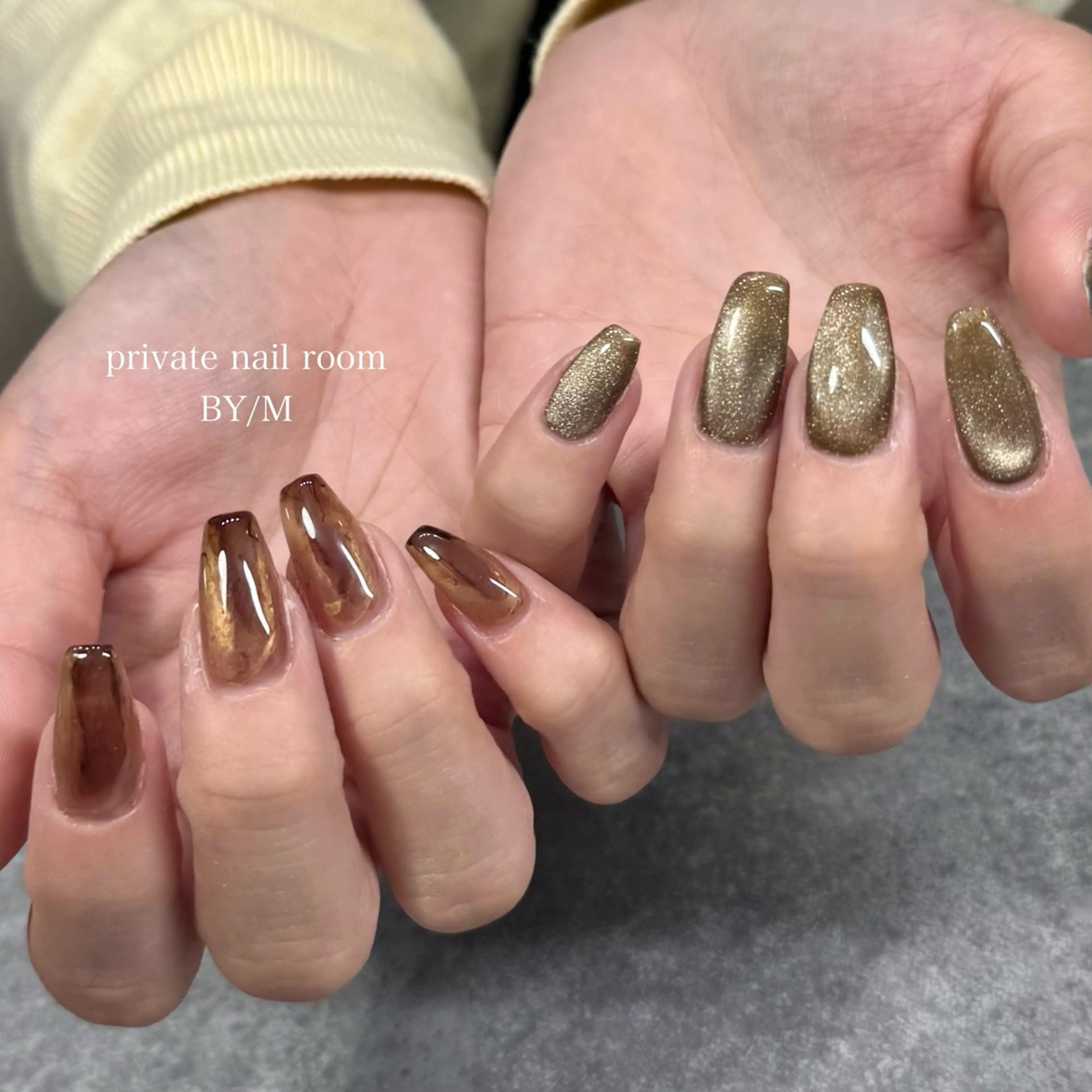 ネイル ブラウン グリーン マグネットネイル 持ち込み ハンドネイル BY / Mのネイルデザイン