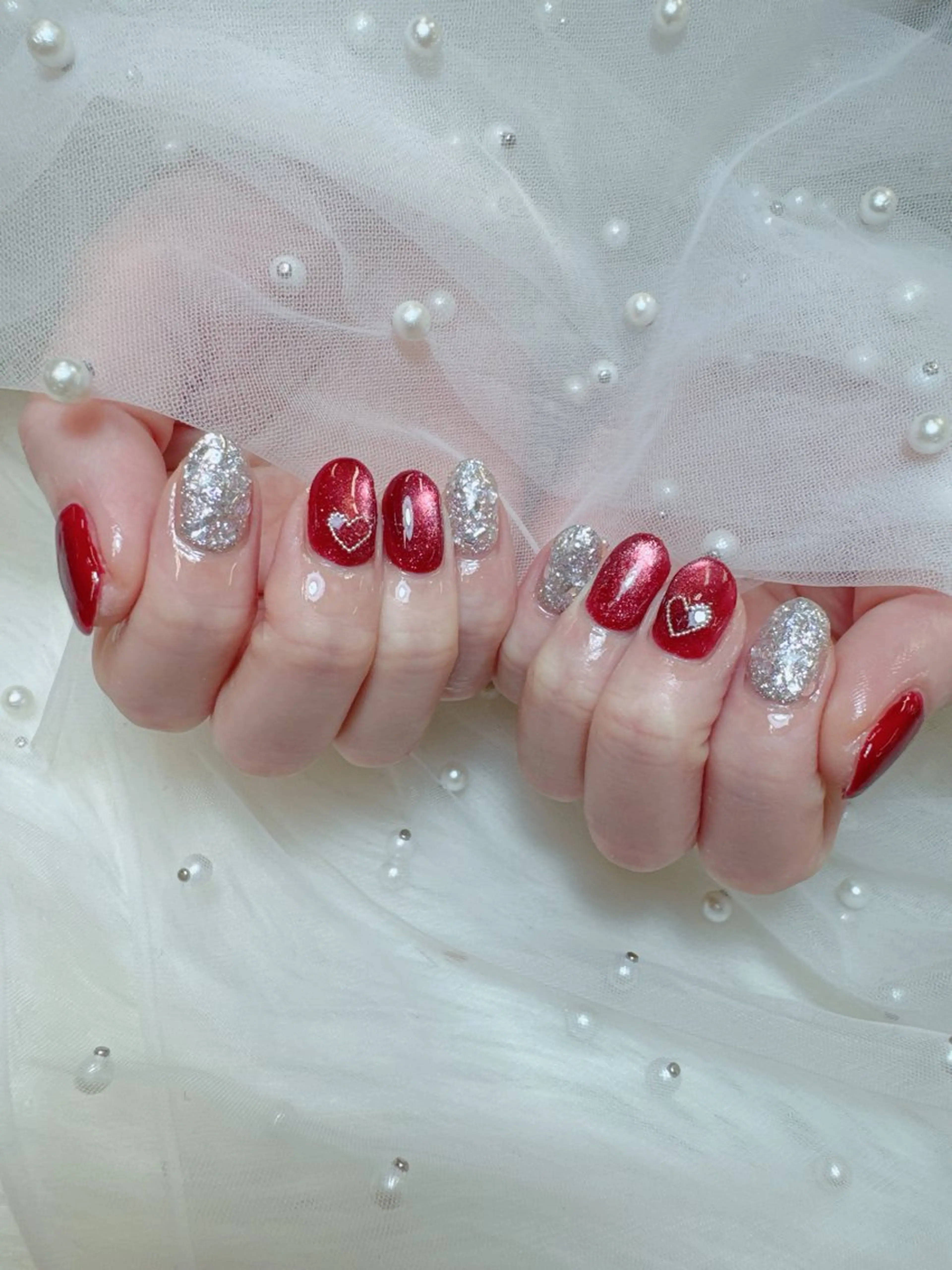 ネイル 成人式 長さ出し フレンチネイル ジェルネイル ガラスフレンチ ハンドネイル Queeens nailのネイルデザイン