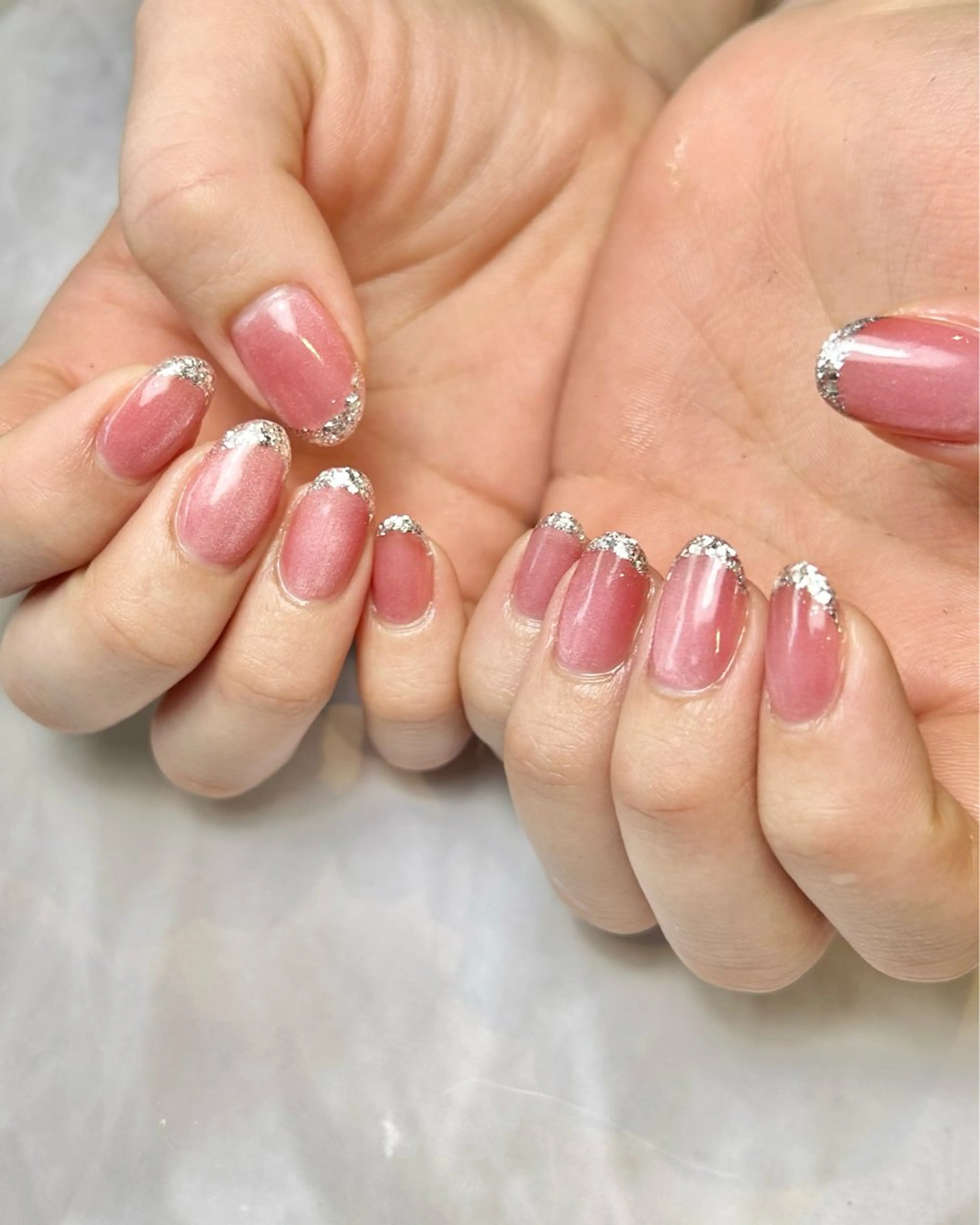 ネイル フレンチネイル ガラスフレンチ ラメ(グリッター) マグネットネイル シルバー Reflection marikoのネイルデザイン