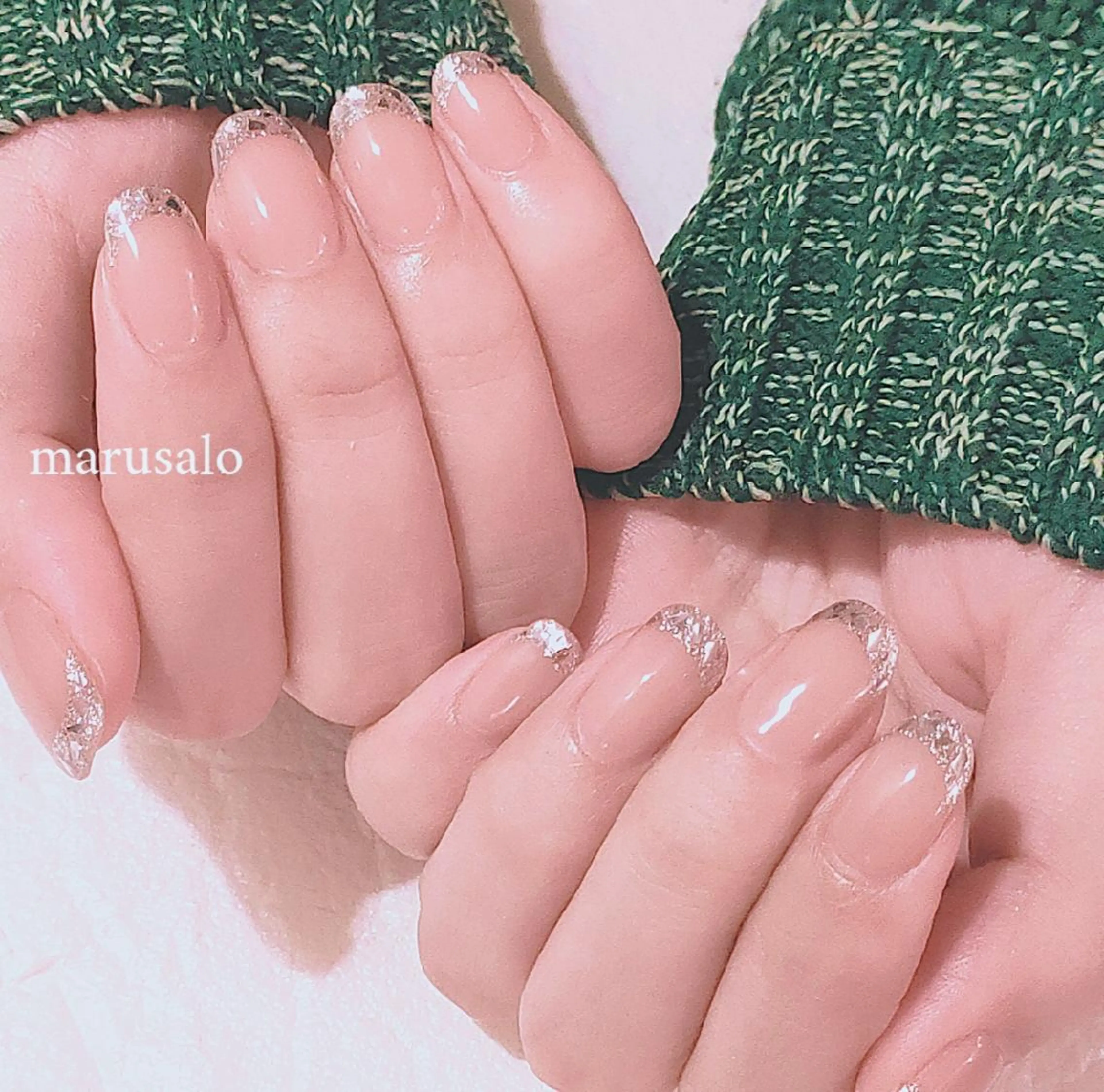 ネイル フレンチネイル ガラスフレンチ キラキラネイル 冬ネイル ハンドネイル marusalo nailのネイルデザイン