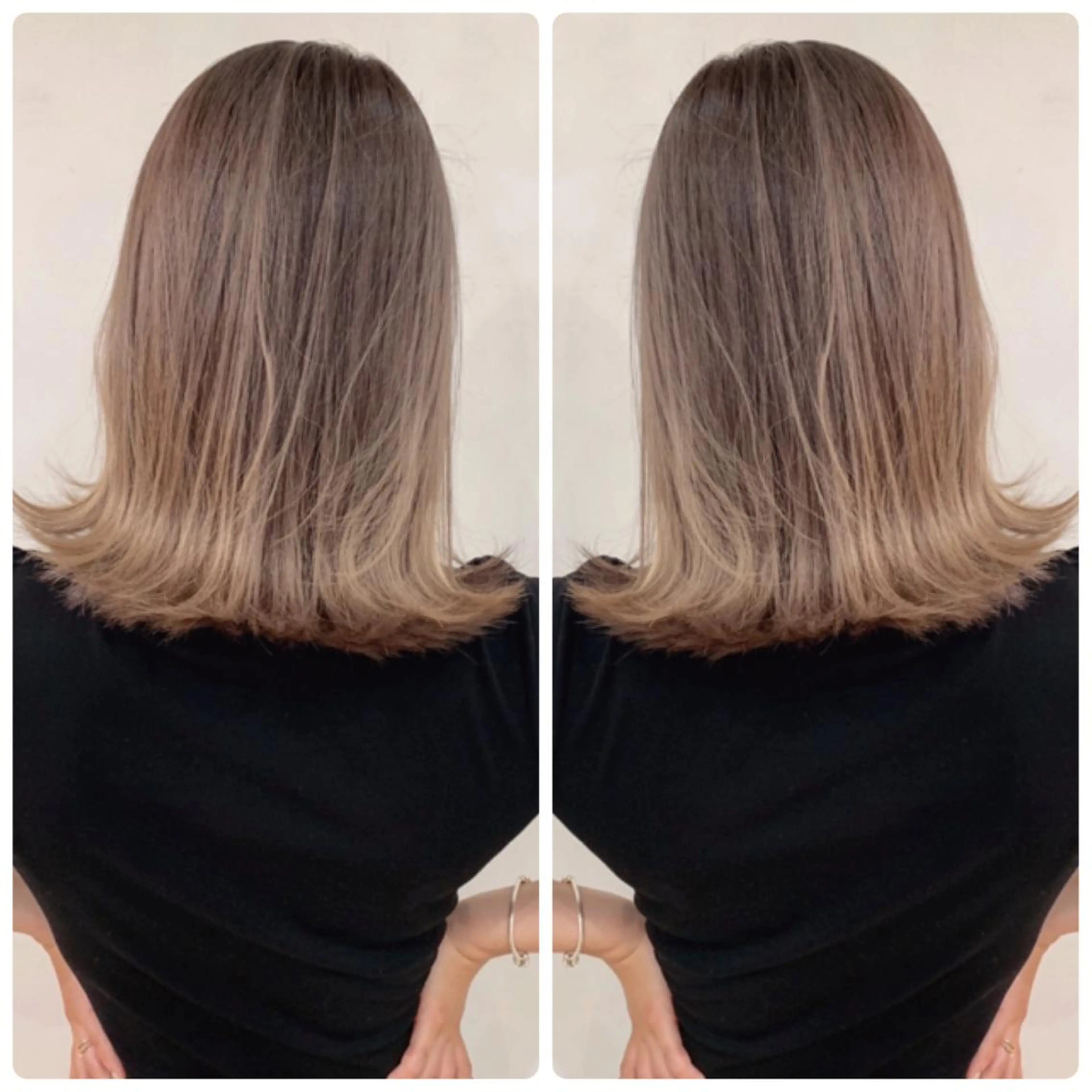 ミディアム カラー アッシュ バレイヤージュ ブリーチ デザインカラー グレージュ ヘアカラー トリートメント 京都大人女性ショート 徒歩1分/秋山のヘアスタイル