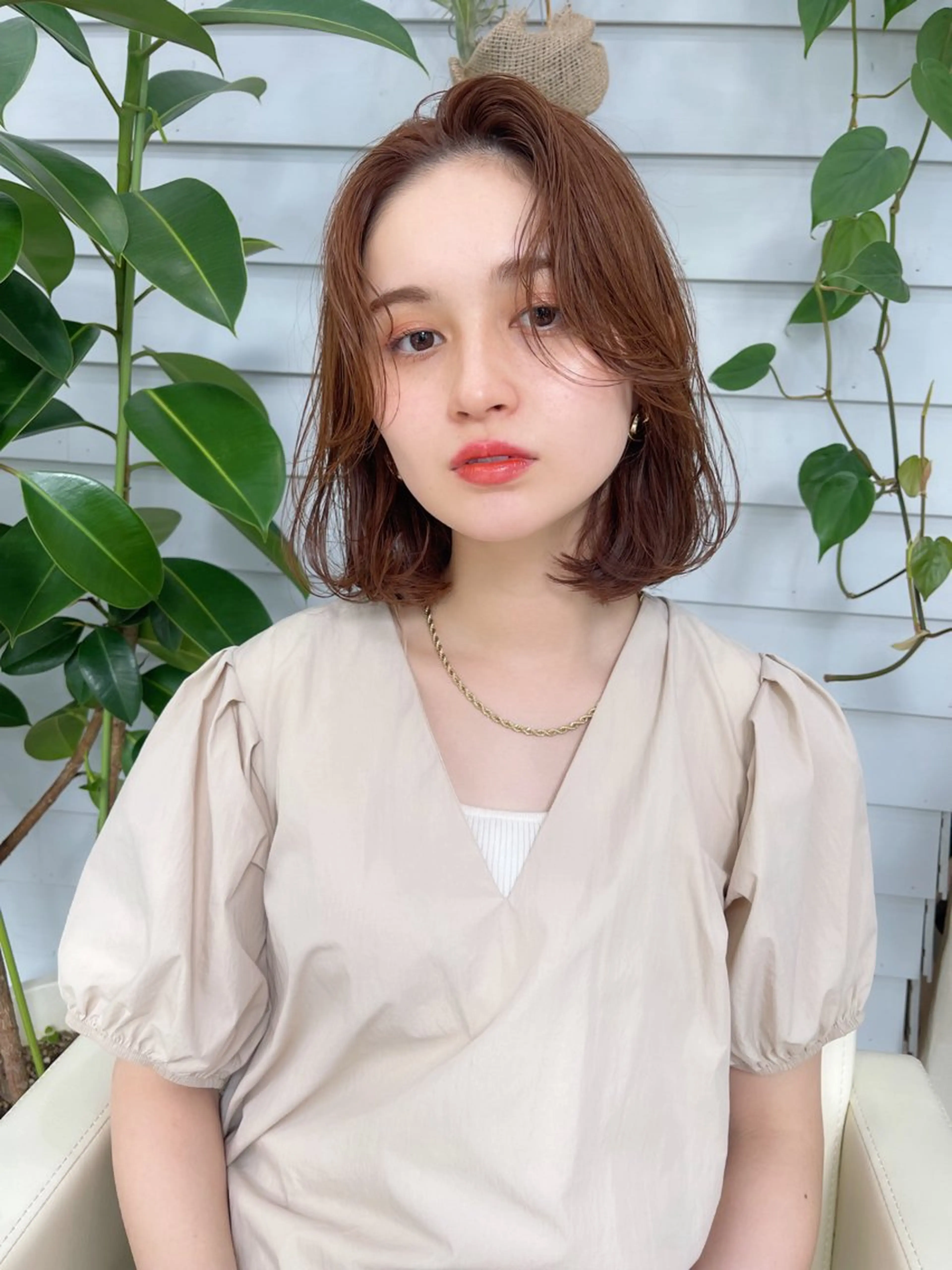 ミディアム カラー ブラウンカラー オレンジ オレンジブラウン ボブ カット ヘアカラー トリートメント AiM 大名　似合わせカットのヘアスタイル