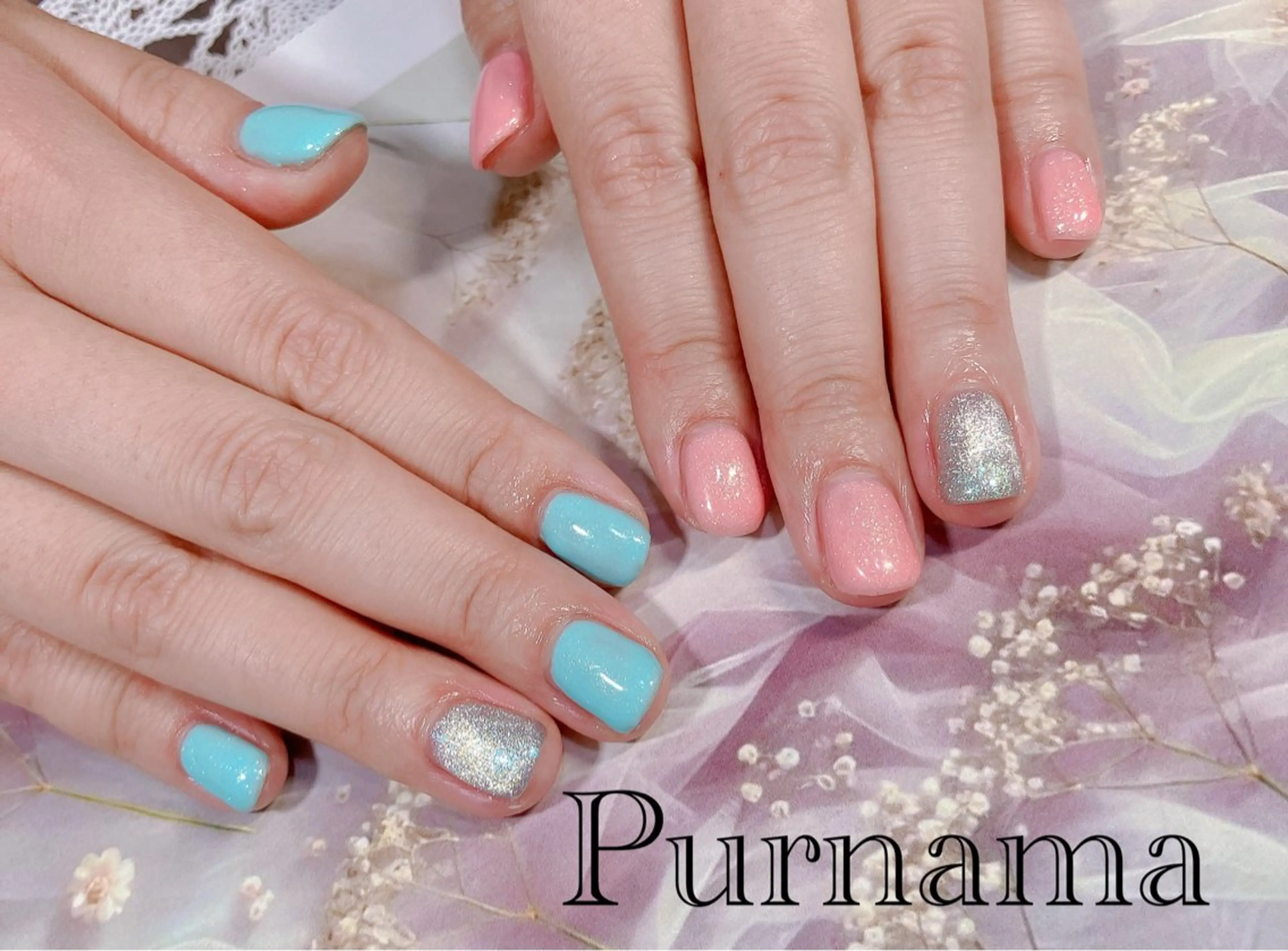 ネイル 水色 マグネットネイル ピンク Purnama(ﾌﾟﾙﾅﾓ)所属・Purnama あきのネイルデザイン