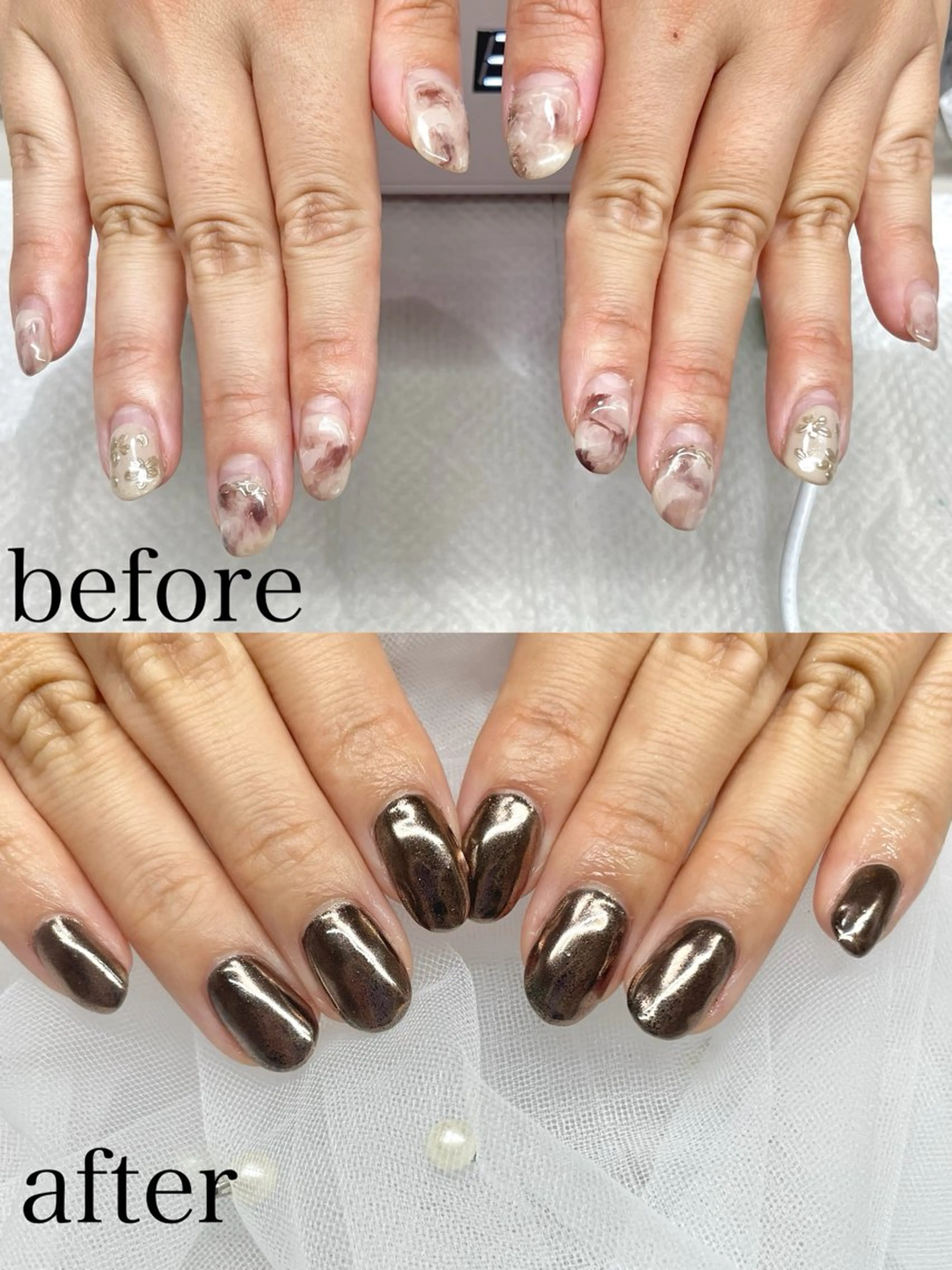 ネイル ブラウン ジェルネイル ミラーネイル パラジェル ショートネイル ハンドネイル ショートネイル専門店フェルンヴェー所属・ショートネイル専門店 フェルンヴェー代々木のネイルデザイン