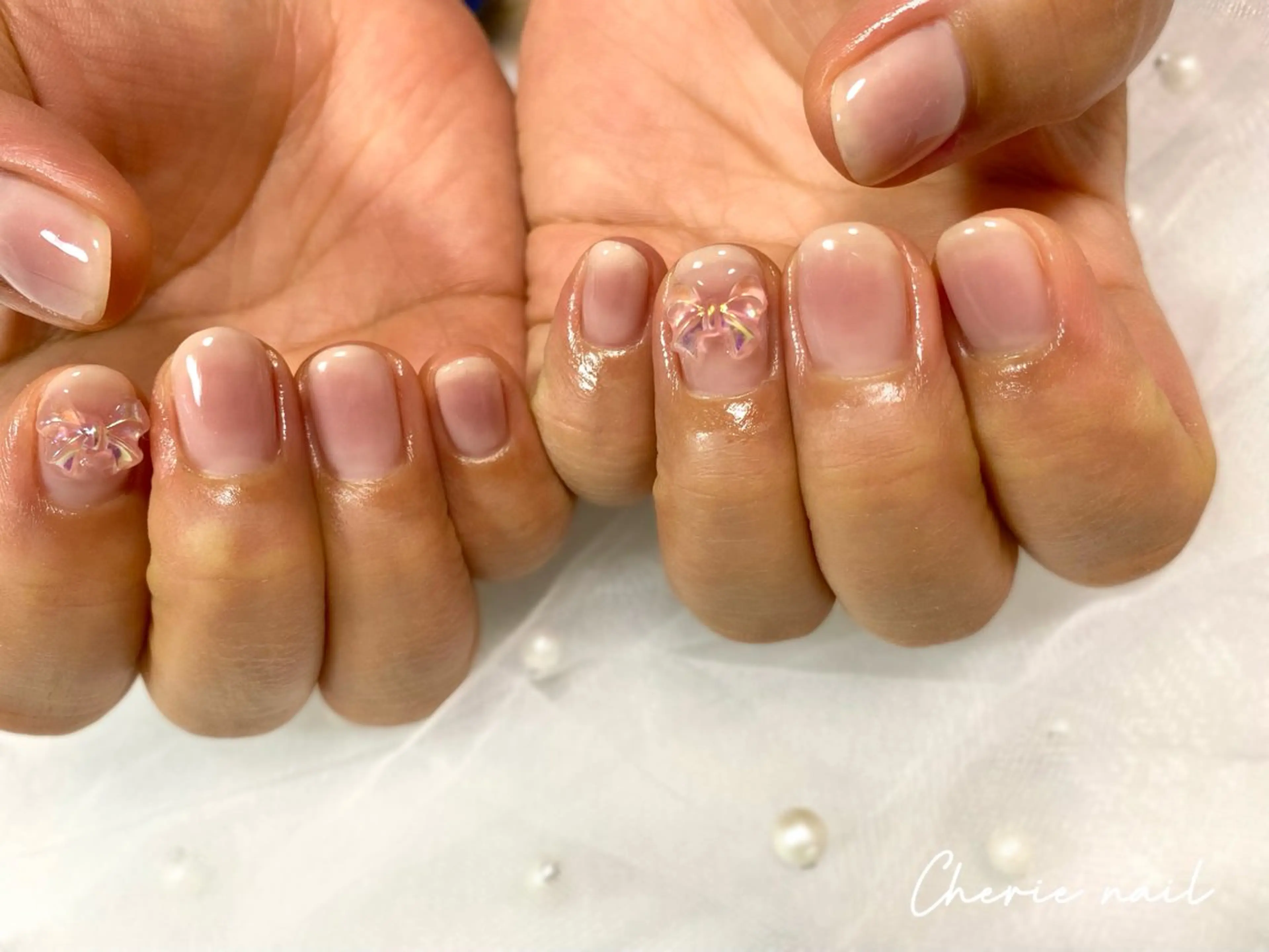 ネイル チークネイル ジェルネイル 韓国ネイル ピンク リボン ハンドネイル Cherienail yunaのネイルデザイン