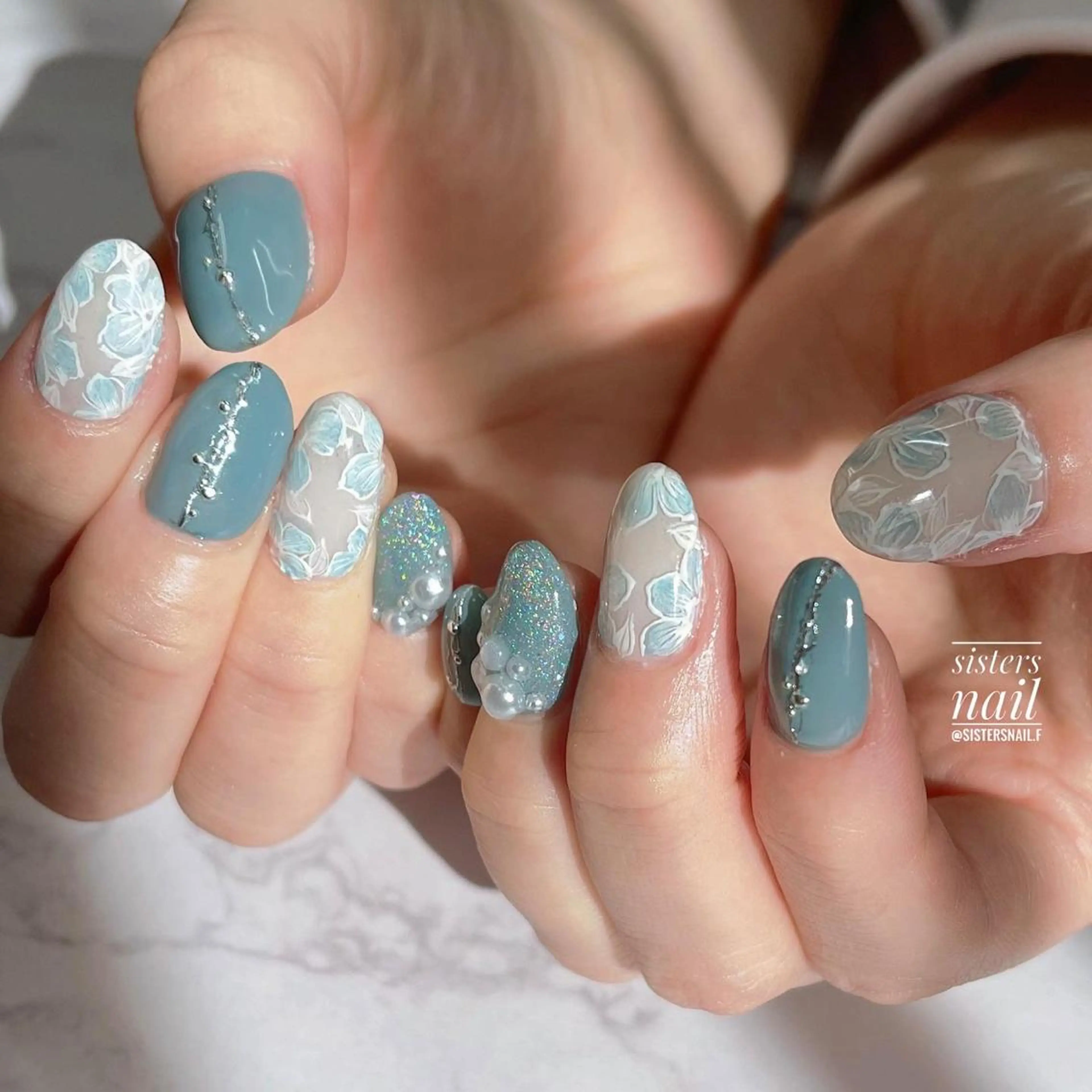 ネイル アートネイル ブルー フラワーネイル 夏ネイル sisters nail.fのネイルデザイン