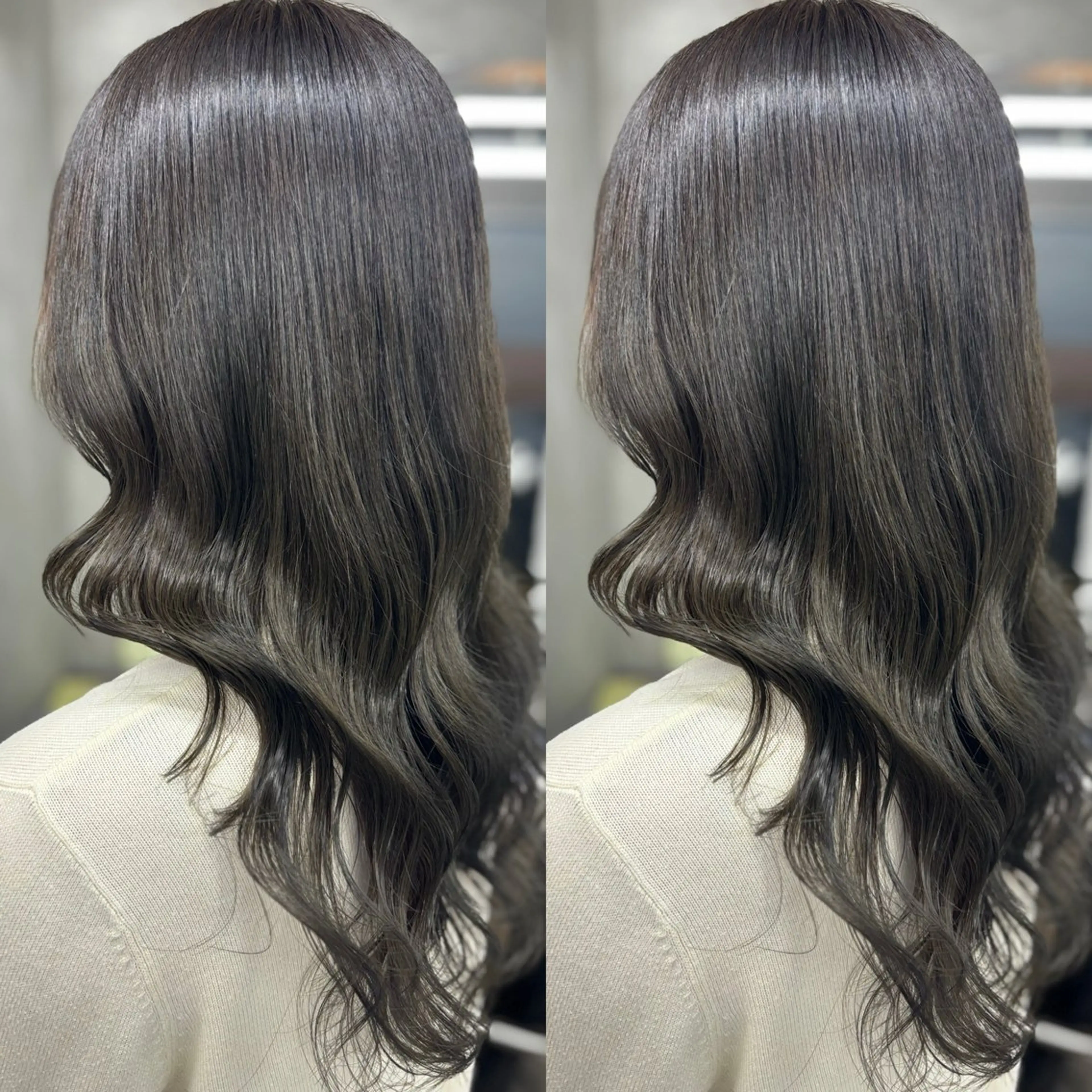 ロング お団子ヘア ショートボブ ミストバング ボブ 顔周りカット ヘアカラー 🌟髪質改善ケアカラ ー美髪縮毛矯正y🌟のヘアスタイル