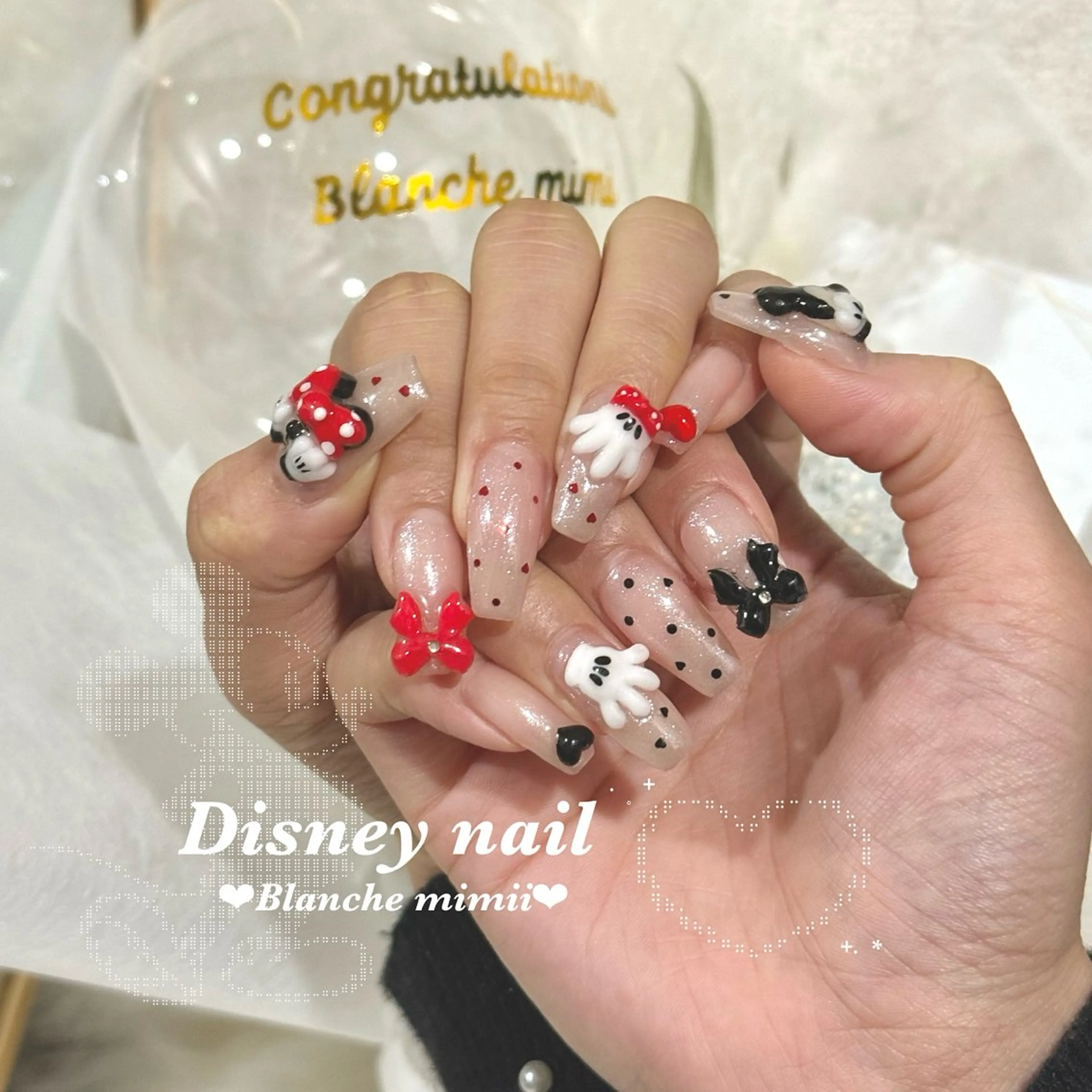 ネイル ガーリー ハート キラキラネイル リボン ハンドネイル Blanche　mimii所属・Blanche Ayaのネイルデザイン