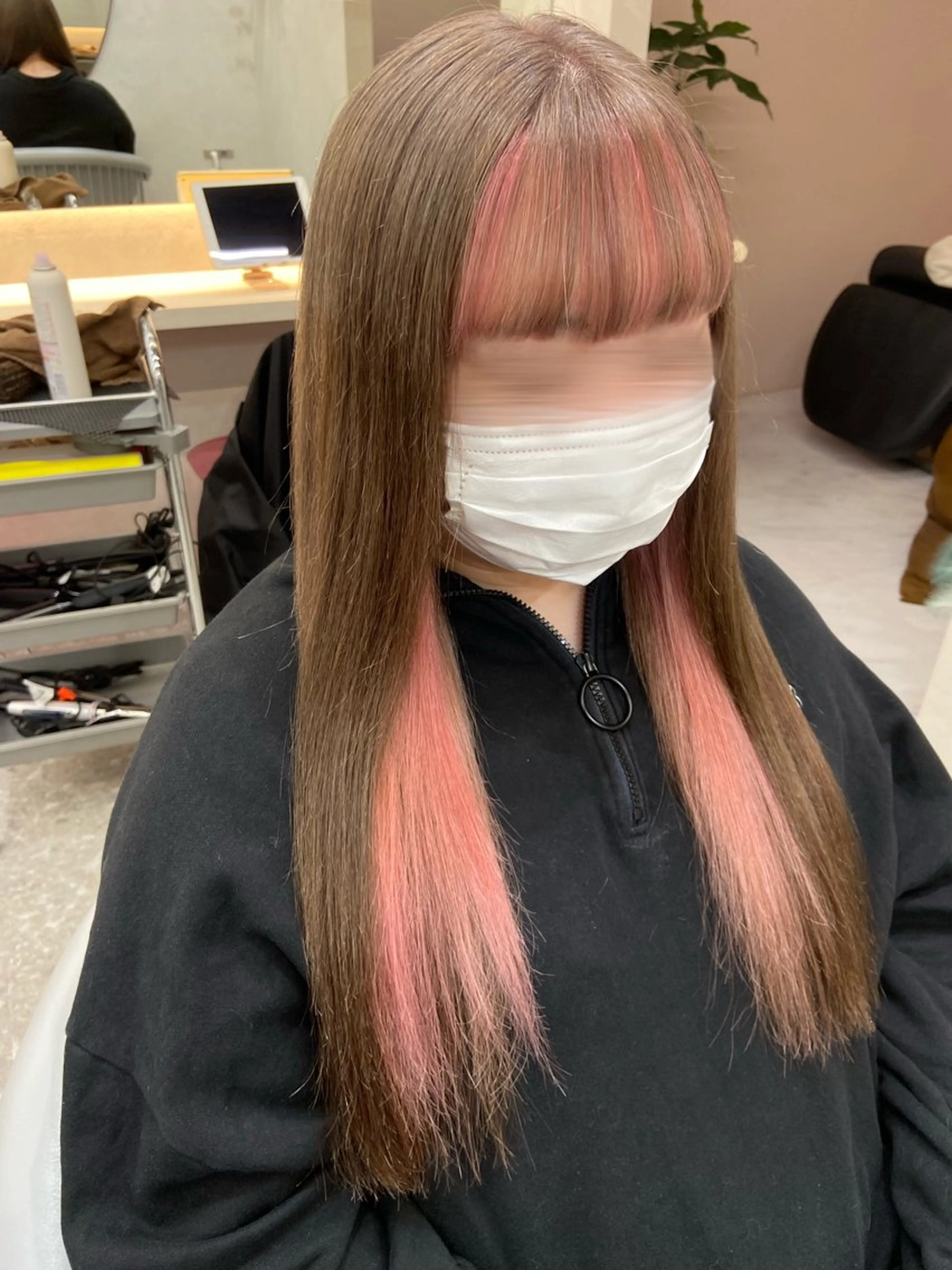 ロング カラー ミストバング ベージュカラー ブリーチ ケアブリーチ ダブルカラー 新宿/韓国ヘア 中明度カラー/かやのヘアスタイル