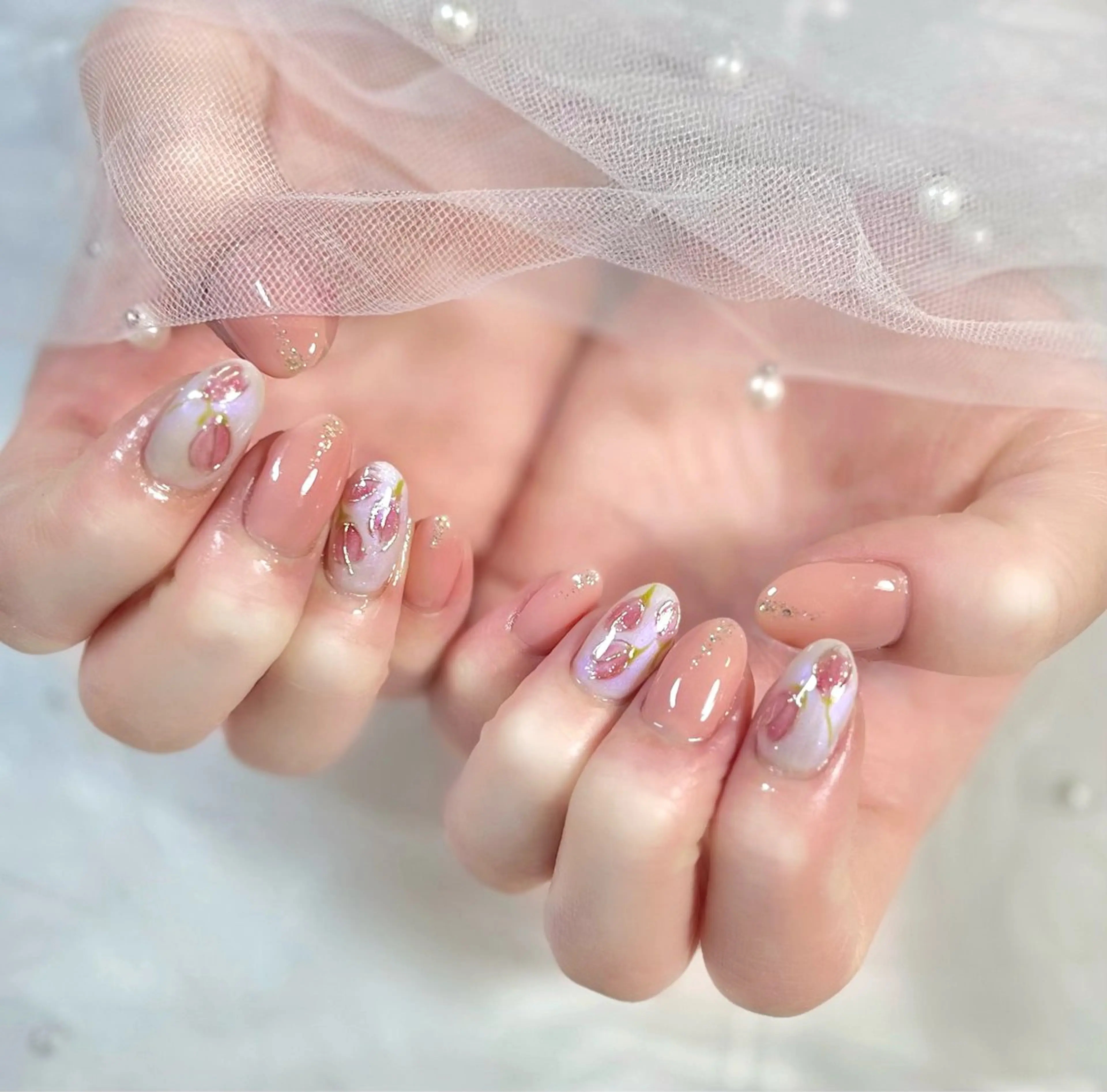 ネイル アートネイル フラワーネイル フレンチネイル ガーリー 韓国ネイル Chat　noir所属・【chatnoir】 MIYUのネイルデザイン