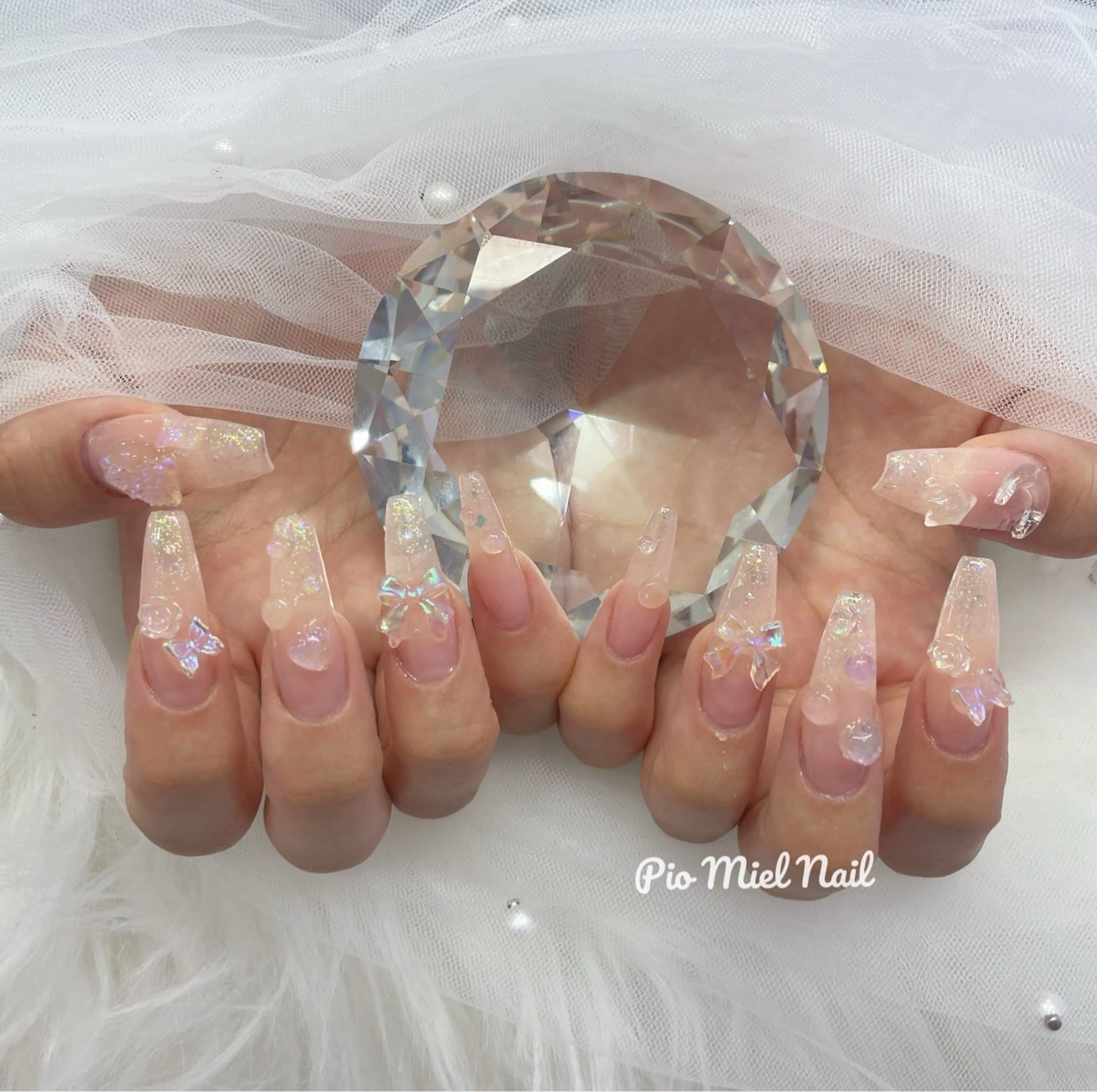 ネイル フレンチネイル ガーリー ラメ(グリッター) ピンク リボン ハンドネイル HANA 長さだしのネイルデザイン