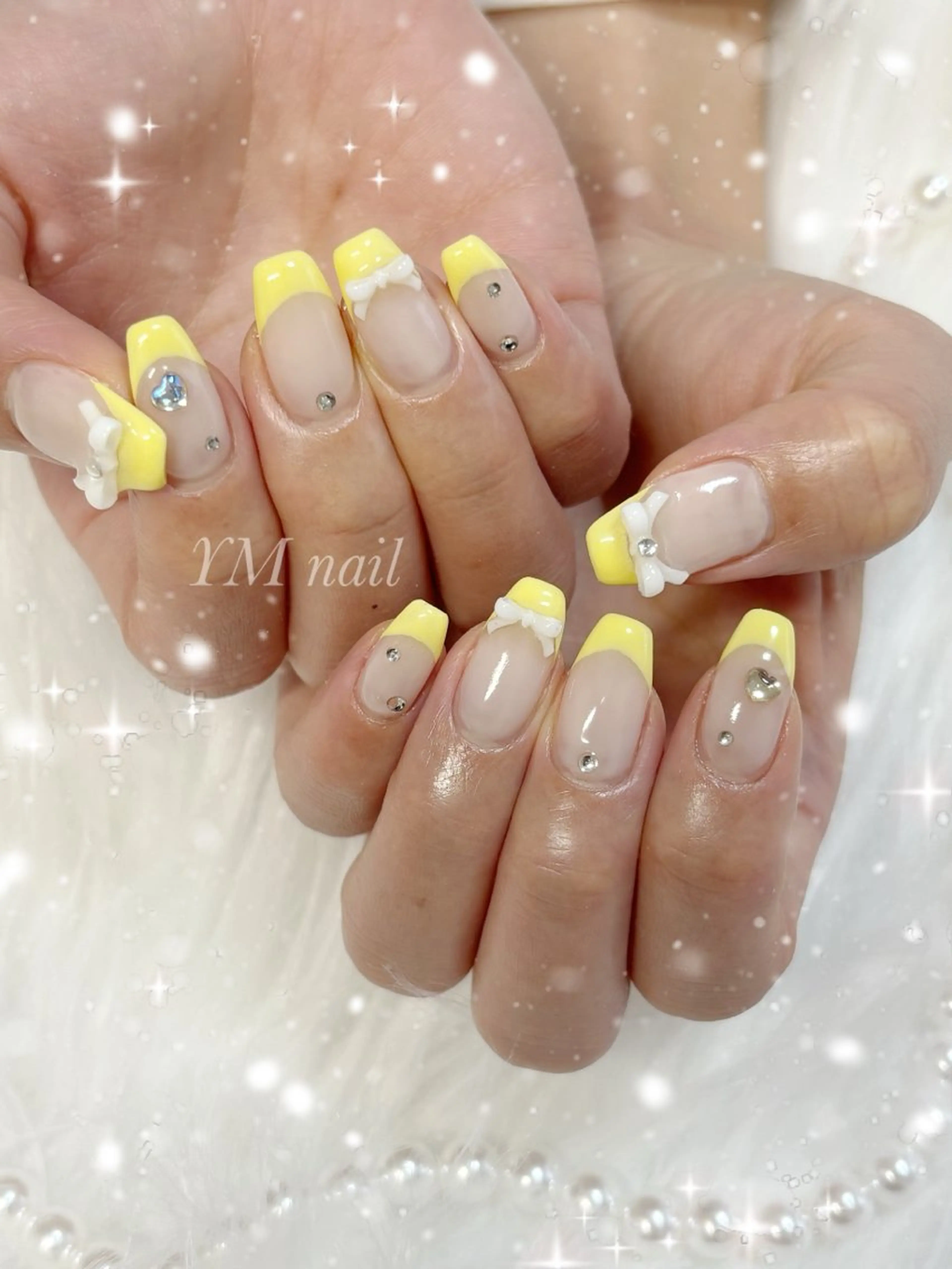 ネイル フレンチネイル リボン 春ネイル 黄色 ハンドネイル YM nailのネイルデザイン