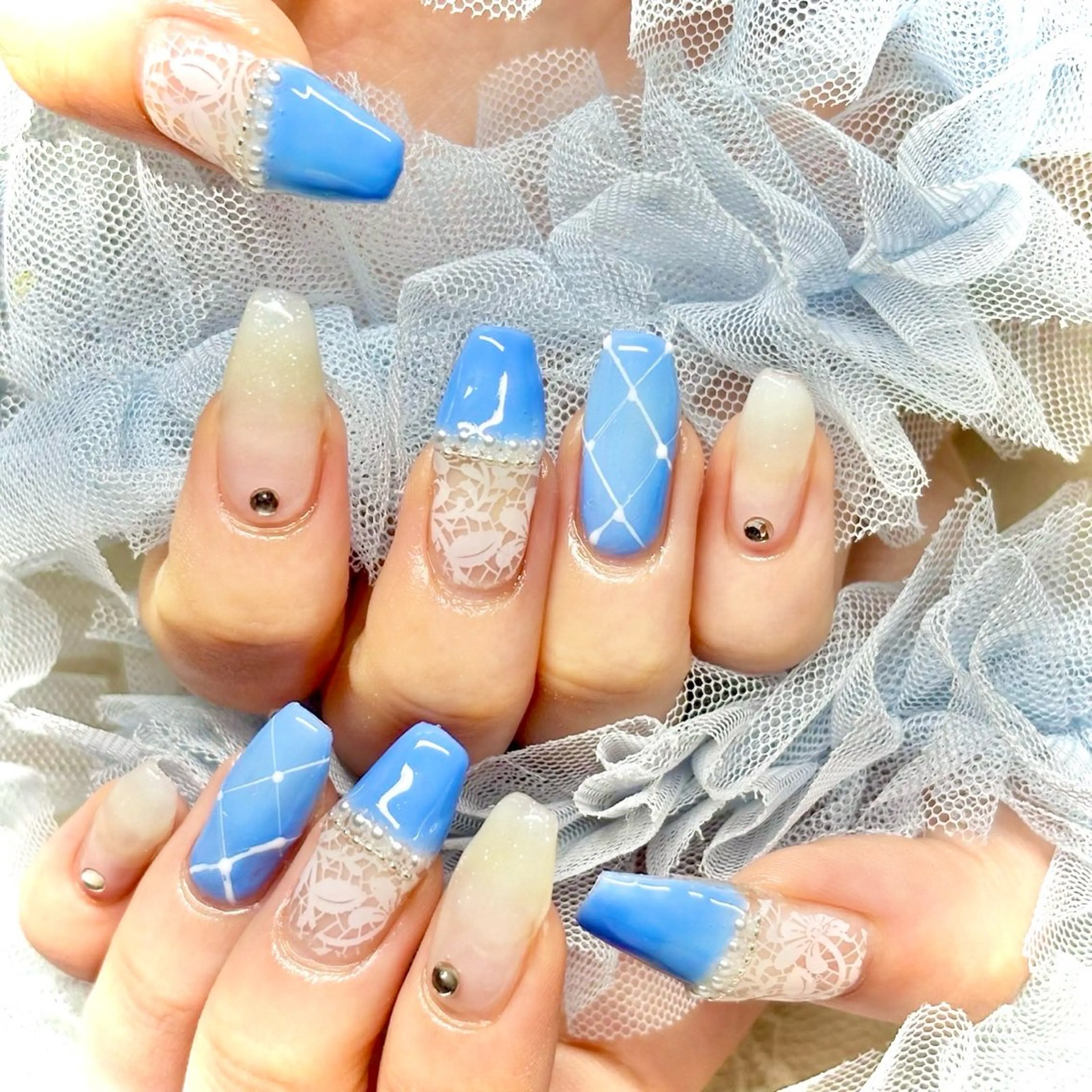 ネイル ブルー 韓国ネイル レース スカルプネイル ワンホンネイル miminon 自宅ネイルサロンのネイルデザイン